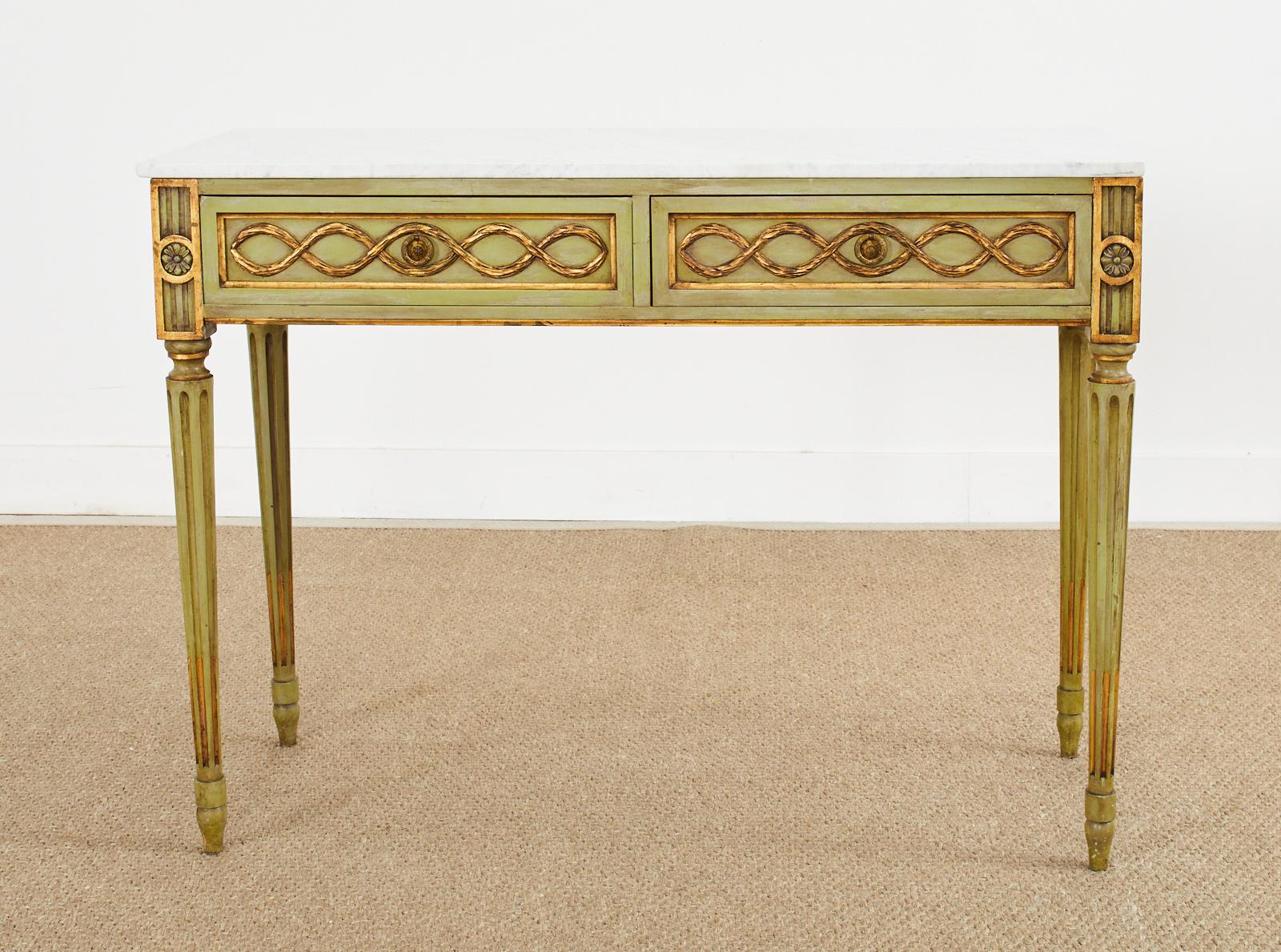 French Mid-Century Neoclassical Style Lacquered Marble Top Console Table For Sale