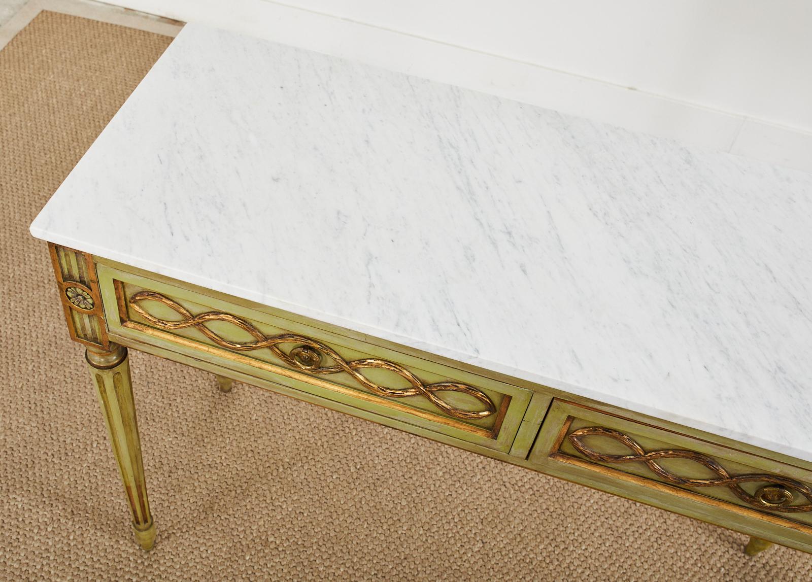 Brass Mid-Century Neoclassical Style Lacquered Marble Top Console Table For Sale