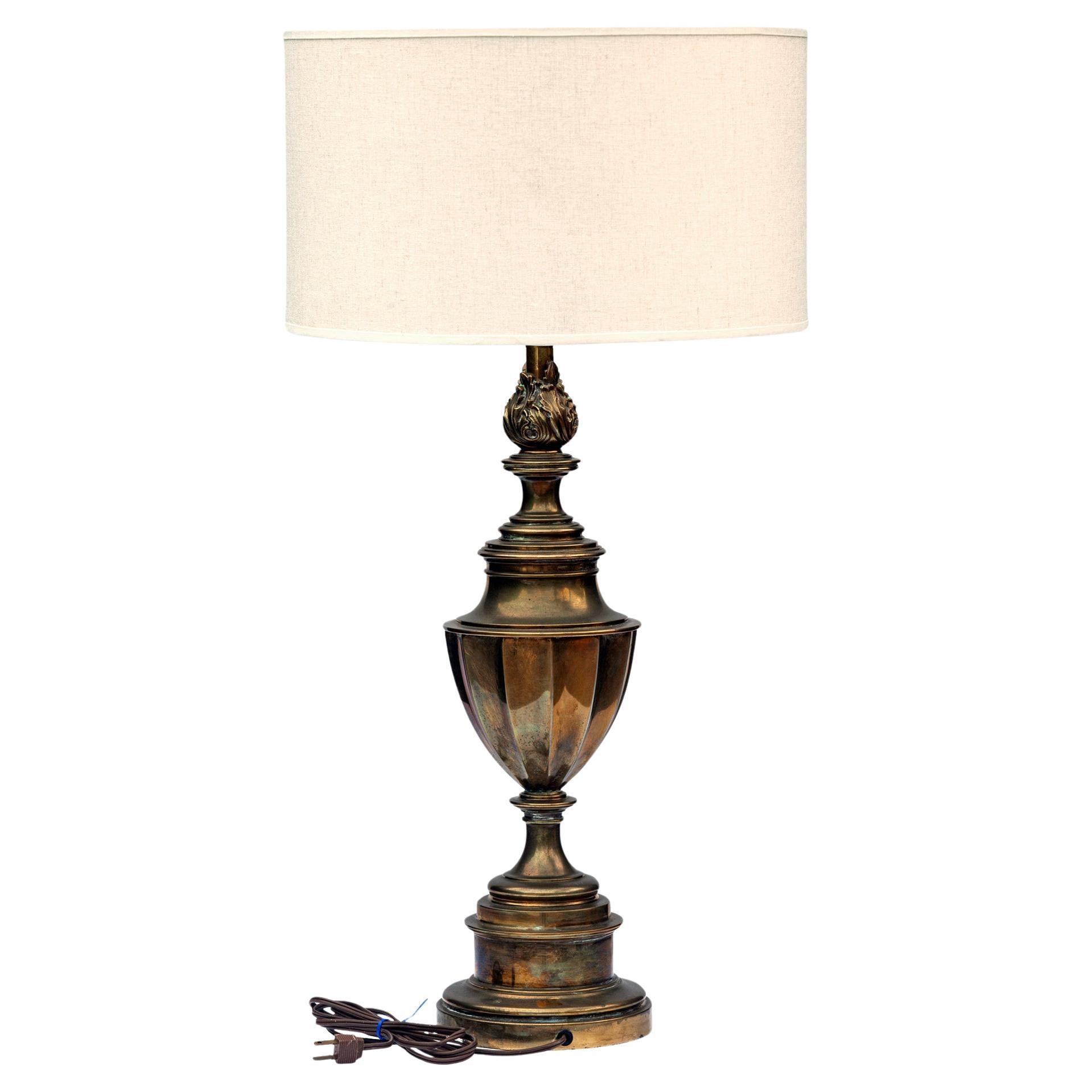 Midcentury Neoclassical Style Solid Brass Stiffel Lamp/ RH Linen Drum Shade For Sale