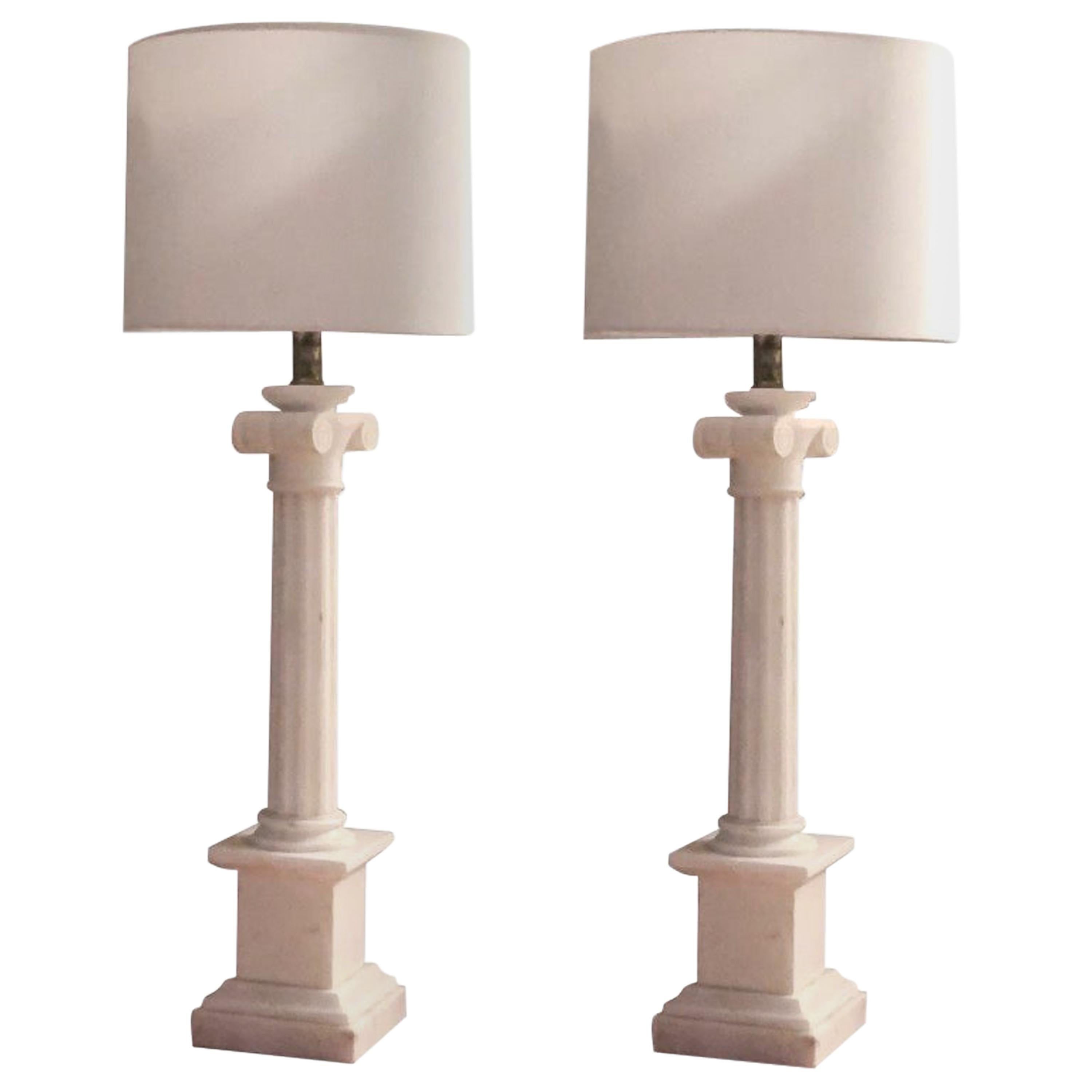 Midcentury Neoclassical White Marble Ionic Column Table Lamp, 1960s Marbro Lamp