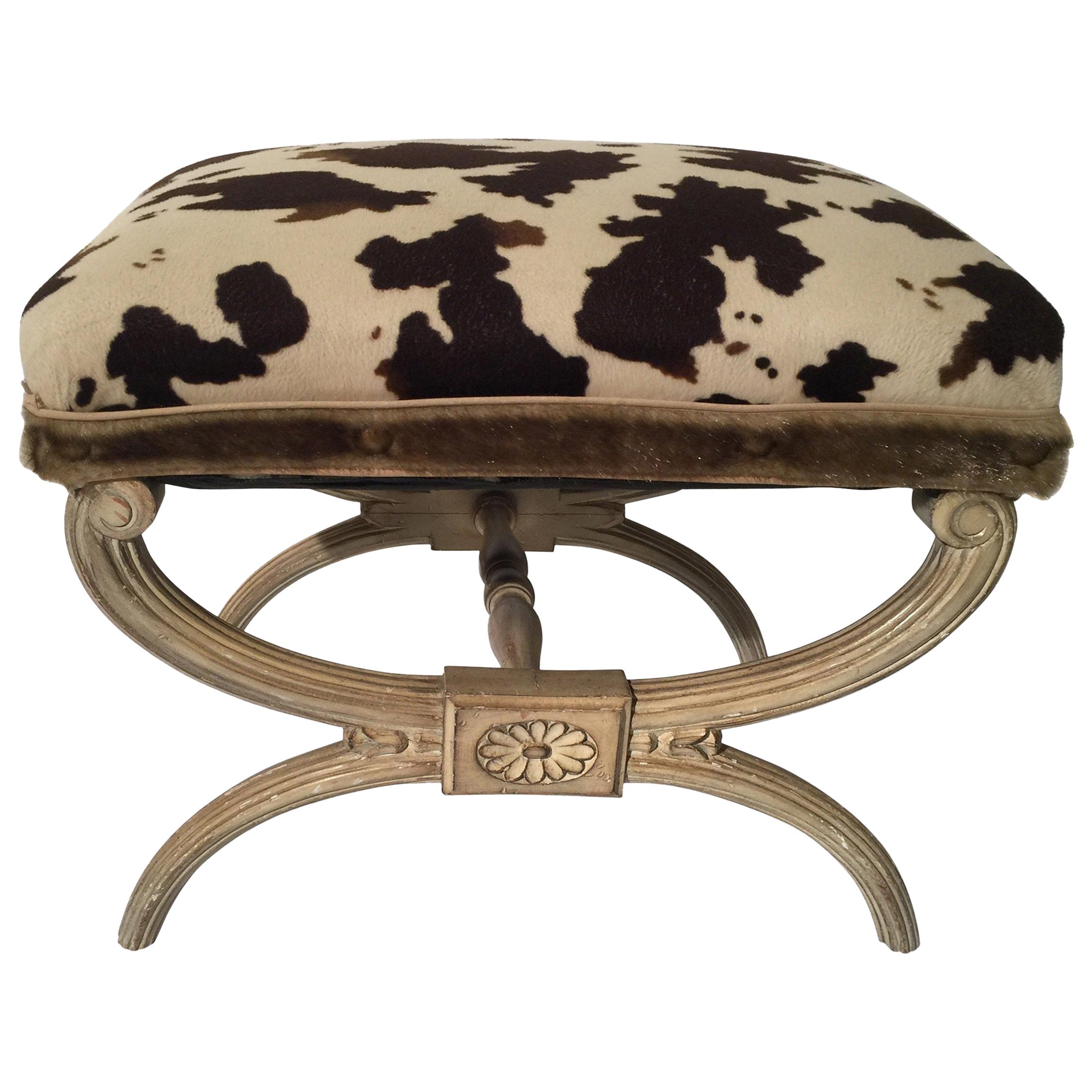 Midcentury Neoclassical X-Bench with Faux Cowhide Animal Print Upholstery