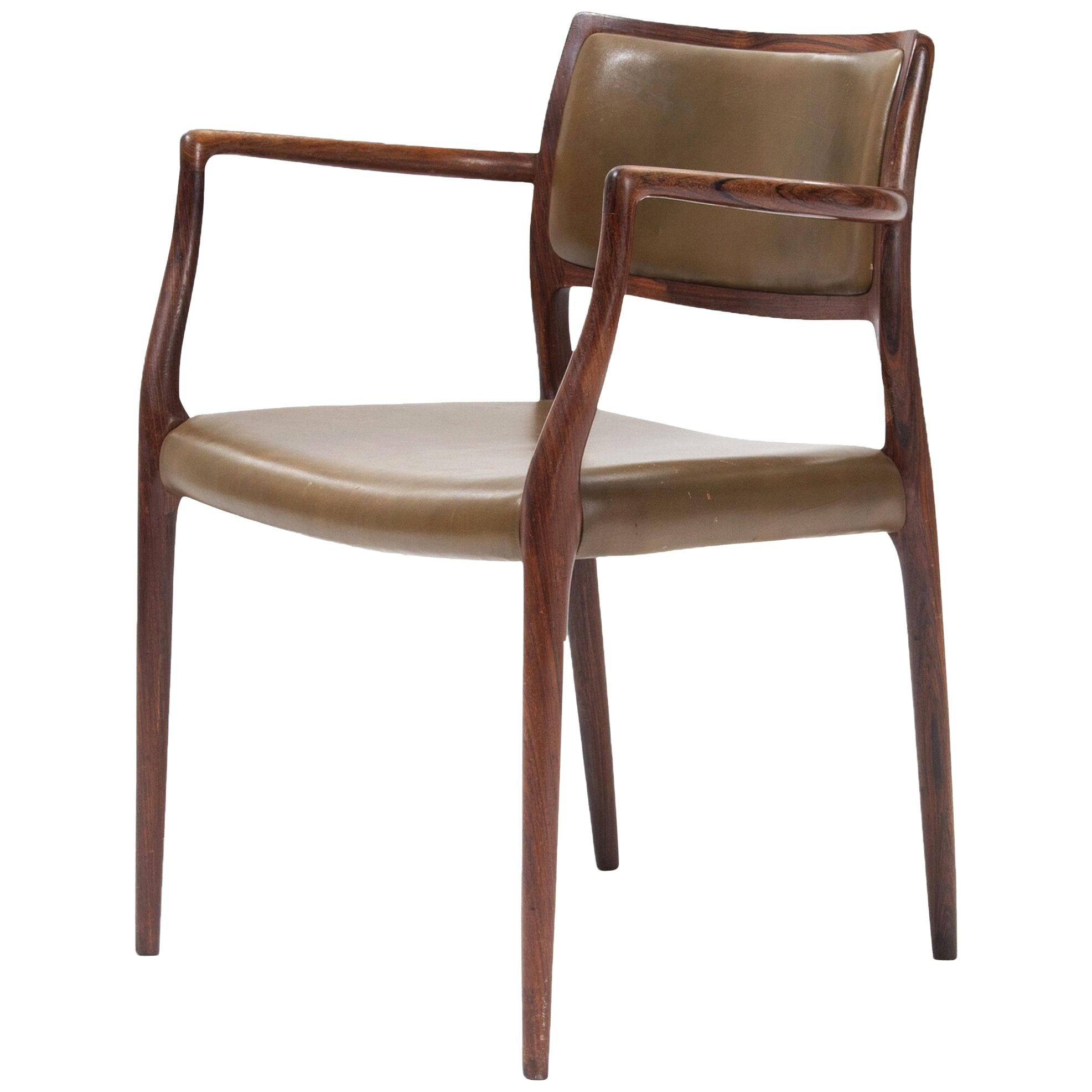 Midcentury Niels O. Møller '65' Armchair with Olive Green Leather Seat and Back