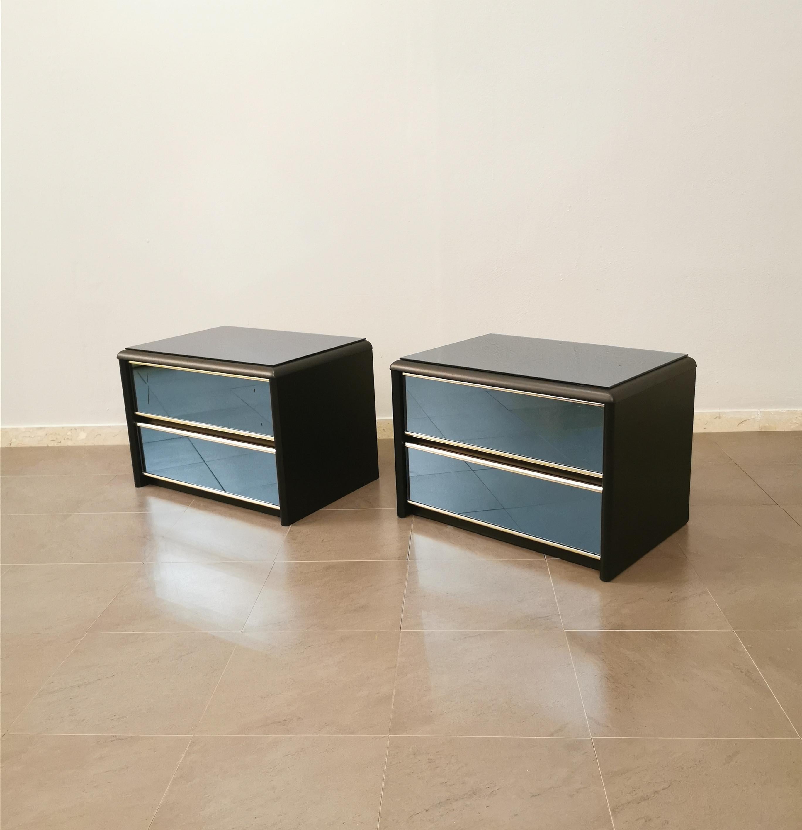 Midcentury Night Stands Bedroom Black Wood Mirrored Glass Aluminum, Italy, 1970s In Good Condition In Palermo, IT