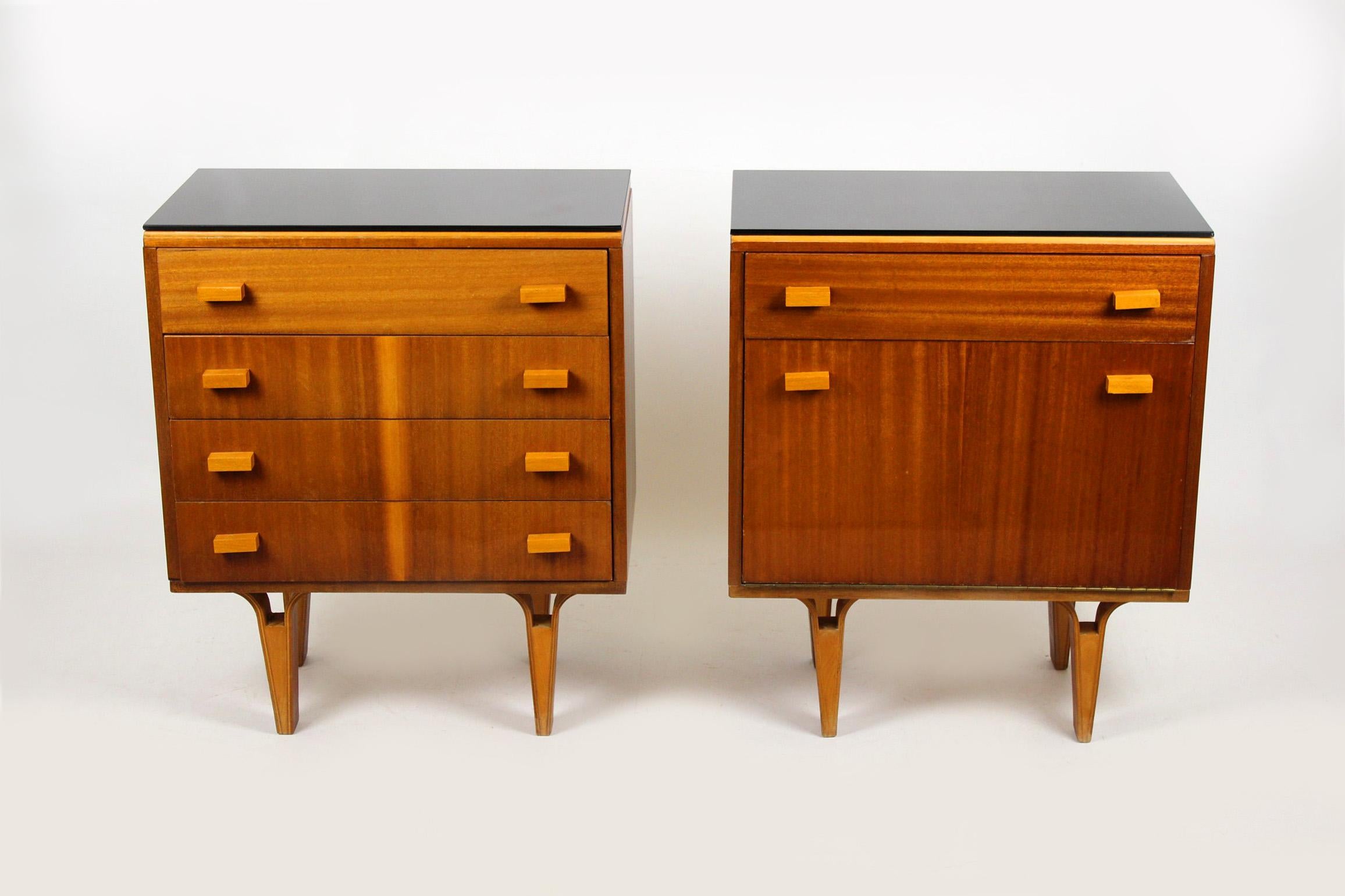Pair of vintage nightstands, manufactured by Nový domov NP. Produced in the 1960s-1970s in Czechoslovakia. Legs made from bent plywood, black glass tops.