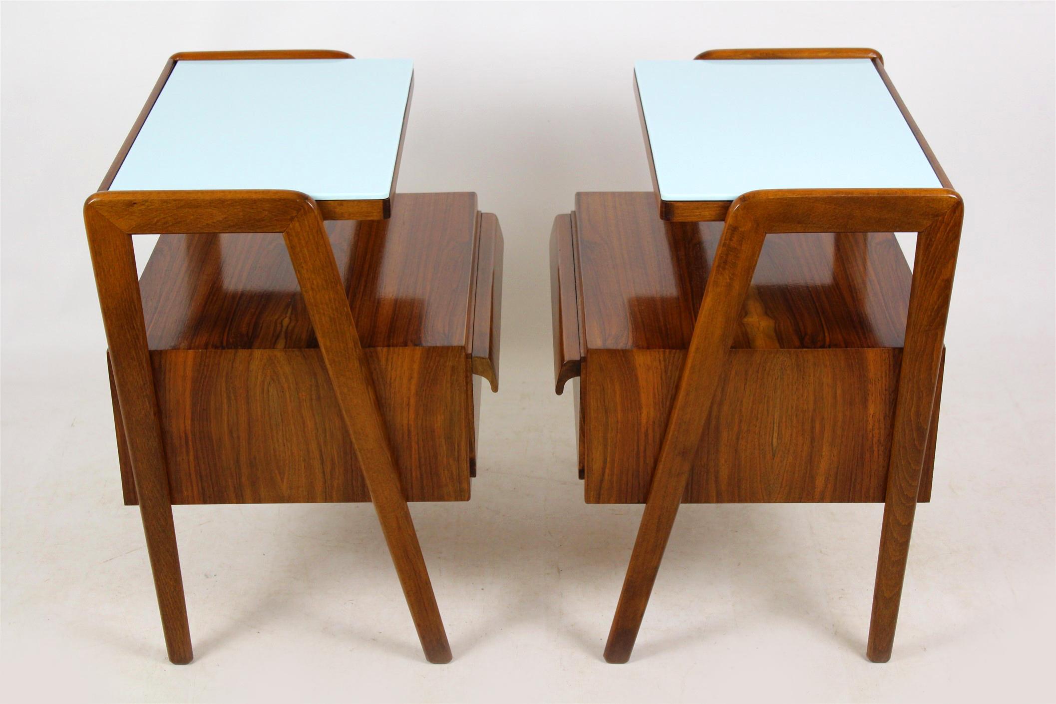 Midcentury Nightstands with Blue Glass Tops from Jitona, 1960s, Set of Two 3