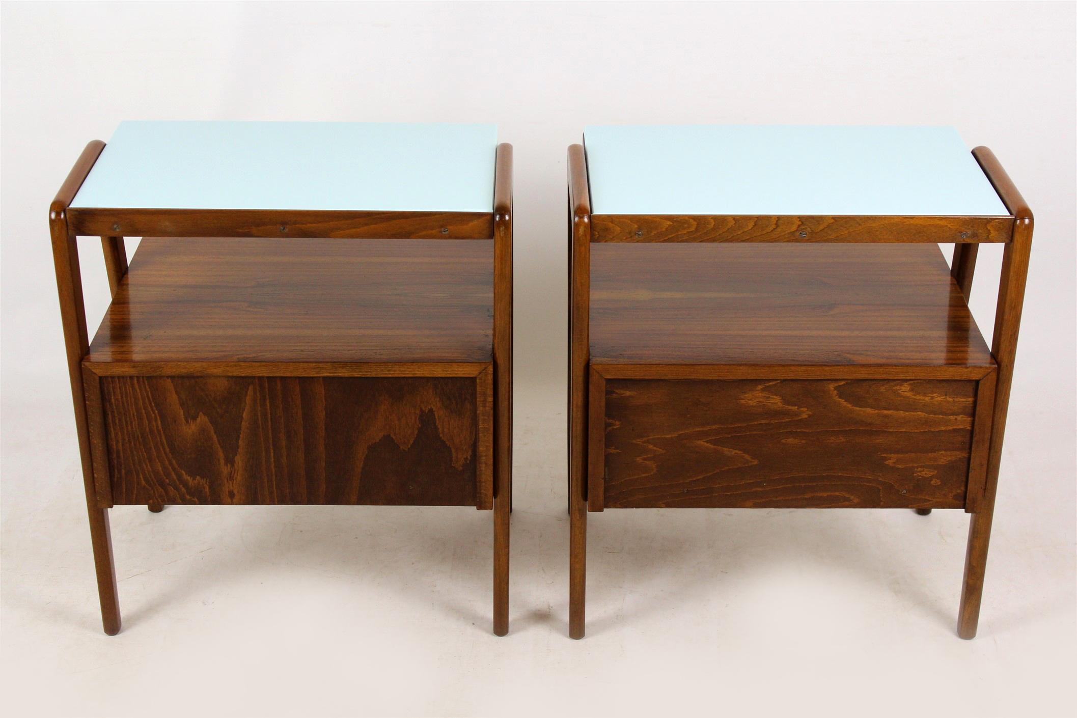 Midcentury Nightstands with Blue Glass Tops from Jitona, 1960s, Set of Two 5
