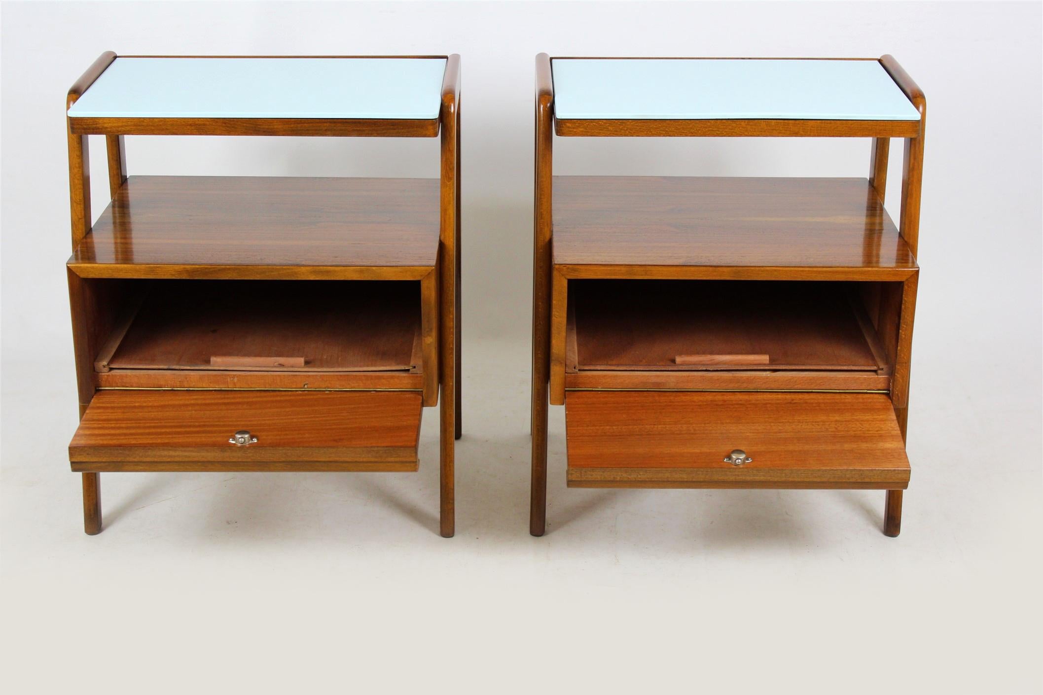 20th Century Midcentury Nightstands with Blue Glass Tops from Jitona, 1960s, Set of Two