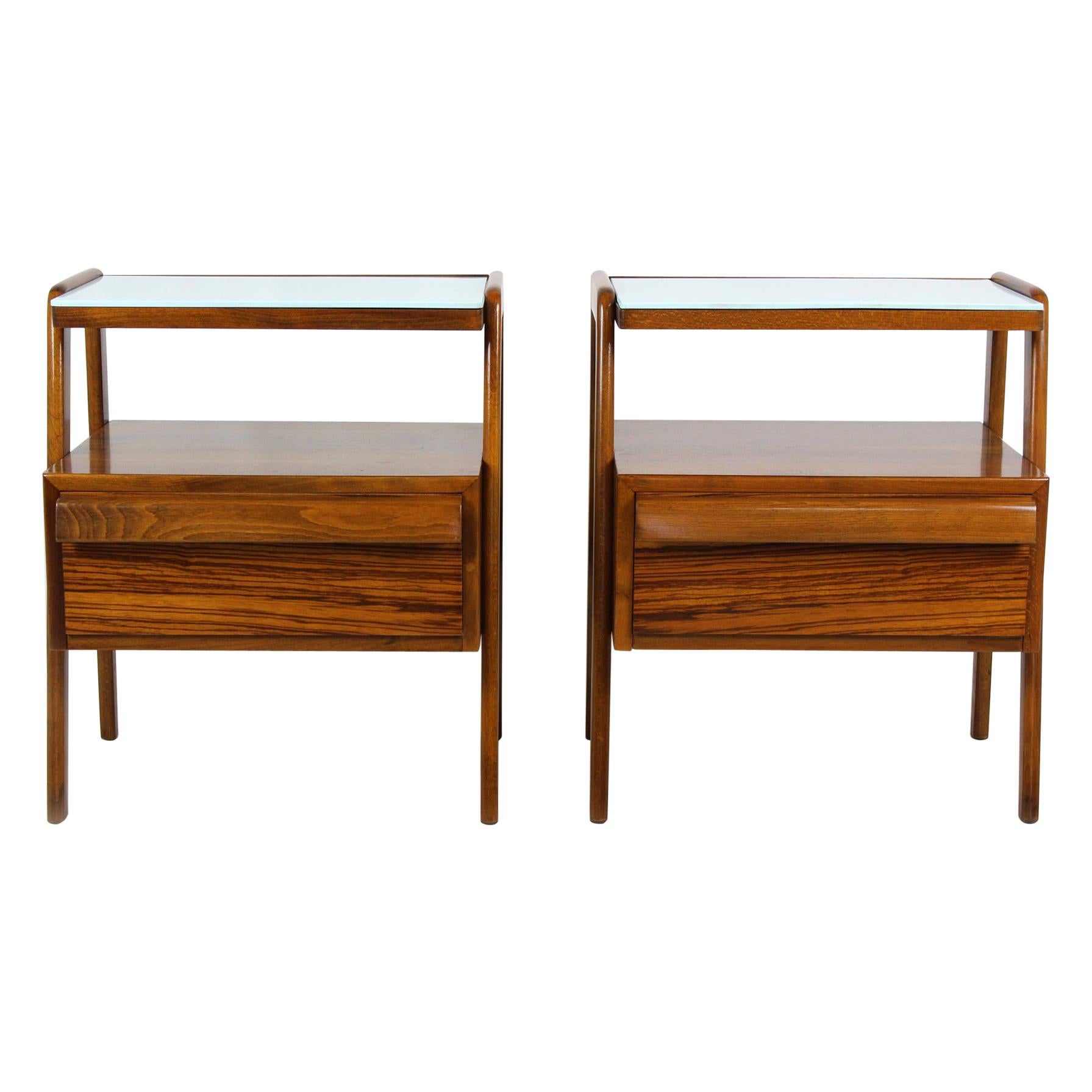 Midcentury Nightstands with Blue Glass Tops from Jitona, 1960s, Set of Two