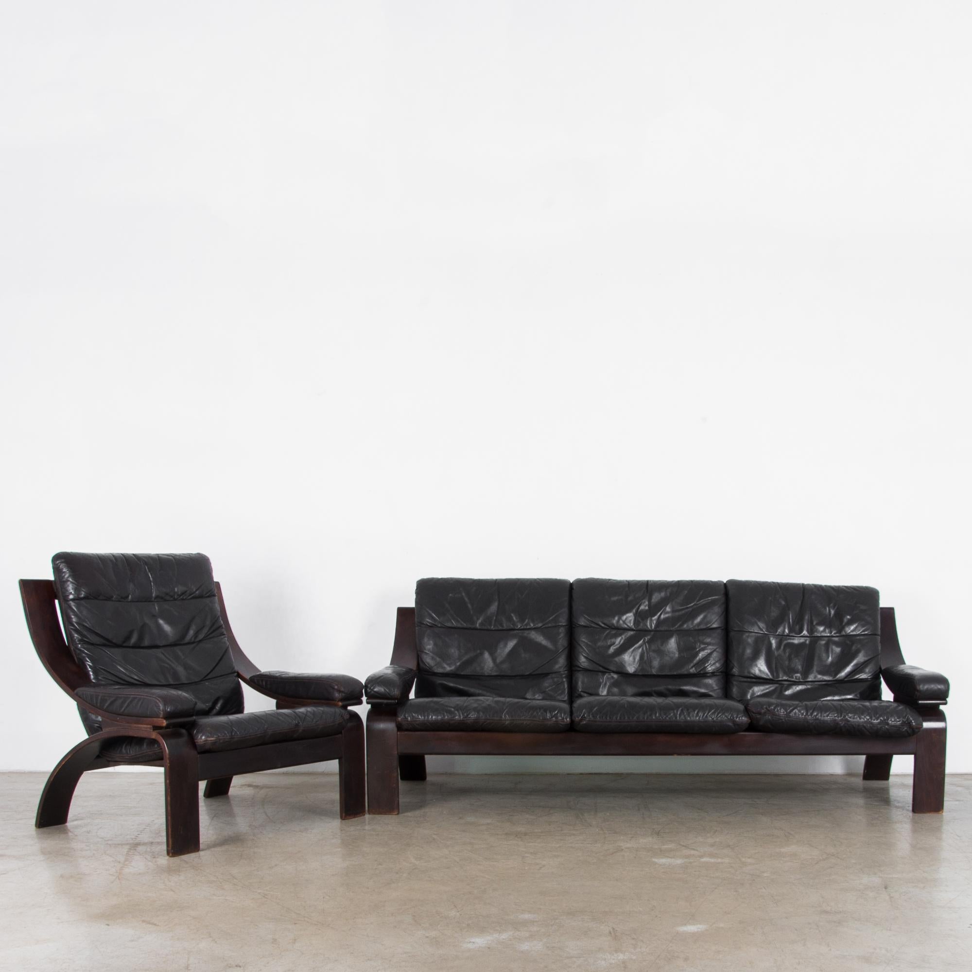 Mid-Century Modern Midcentury Norwegian Leather Sofa and Armchair Set 