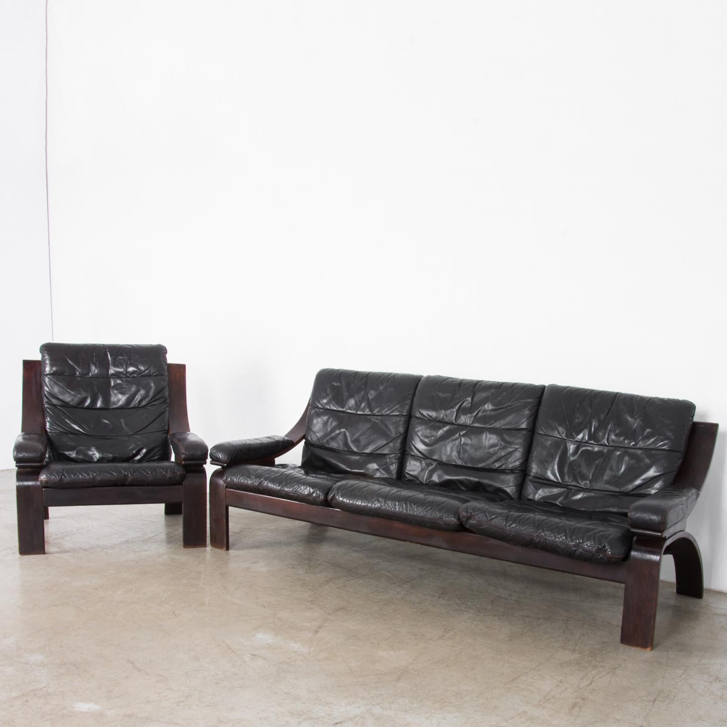 Midcentury Norwegian Leather Sofa and Armchair Set  In Good Condition In High Point, NC