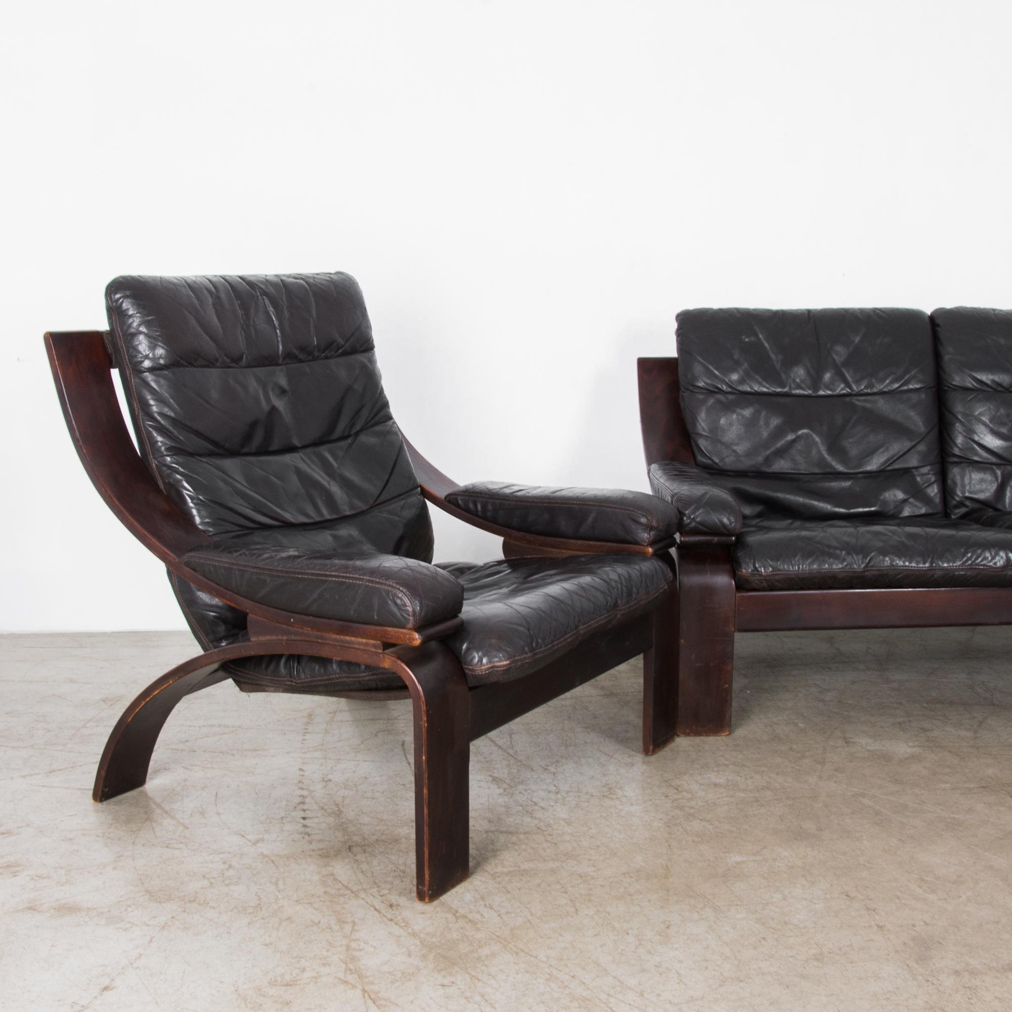 Late 20th Century Midcentury Norwegian Leather Sofa and Armchair Set 