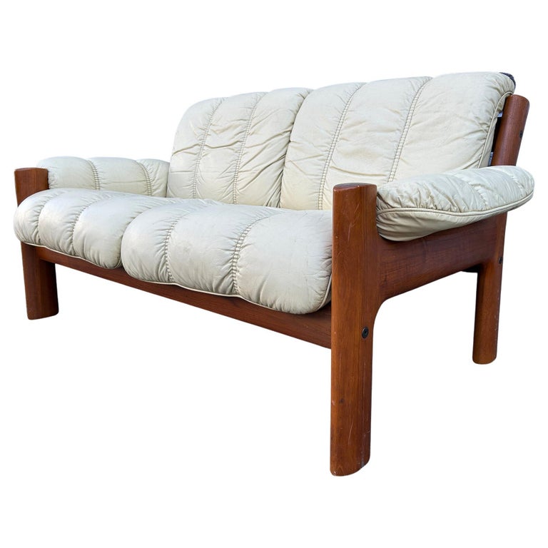 Gallery Detail: Mid Century Norwegian Modern Ekornes Beige Leather Teak 2 Seater