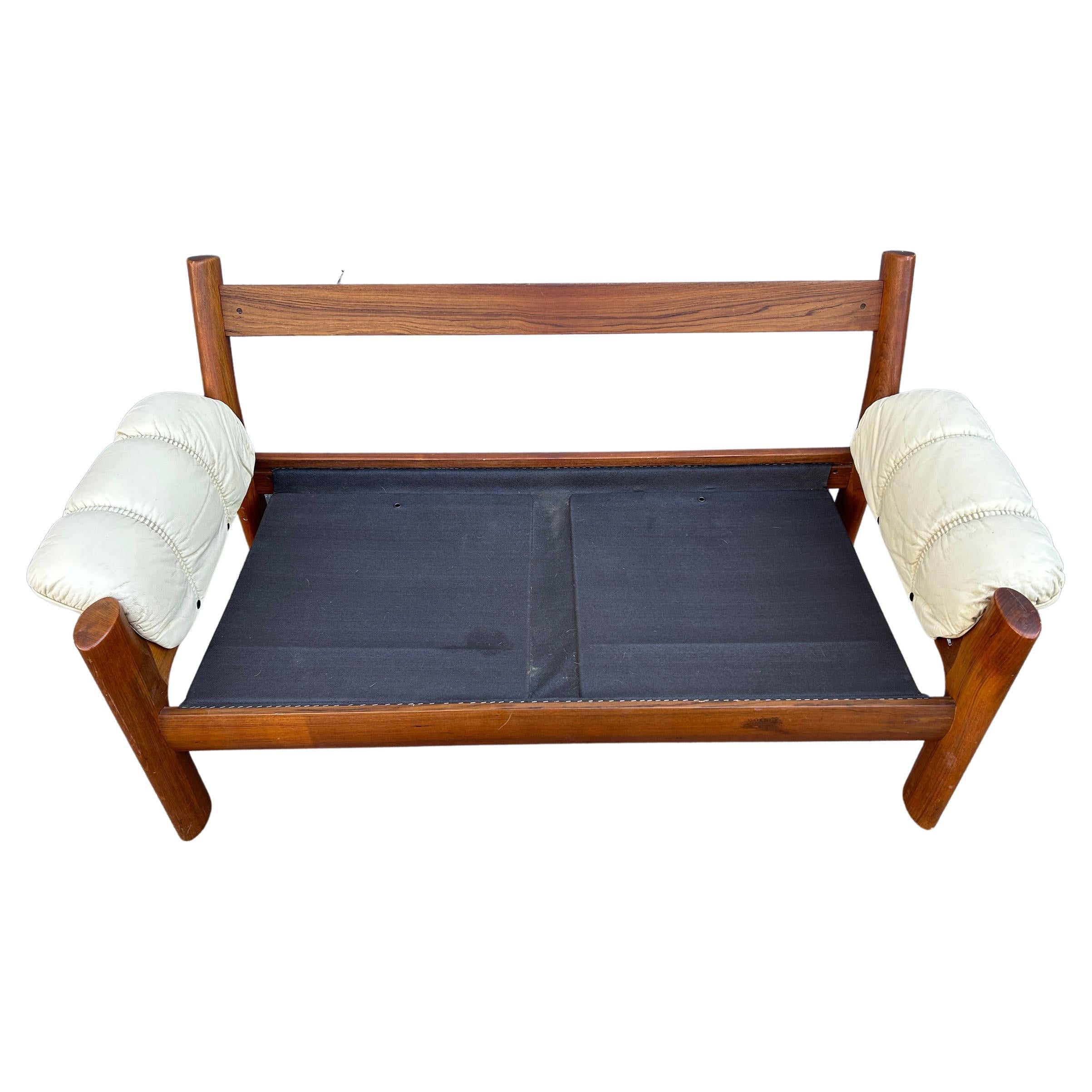 Woodwork Mid-Century Norwegian Modern Ekornes Beige Leather Teak 2 Seater Sofa
