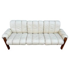 Mid-Century Norwegian Modern Ekornes Beige Leather Teak 3 Seater Sofa