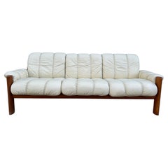Mid-Century Norwegian Modern Ekornes Beige Leather Teak 3 Seater Sofa