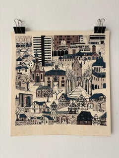 midcentury Nr. 2 wood print blue beige black tone of city scape by Gerhard Tor