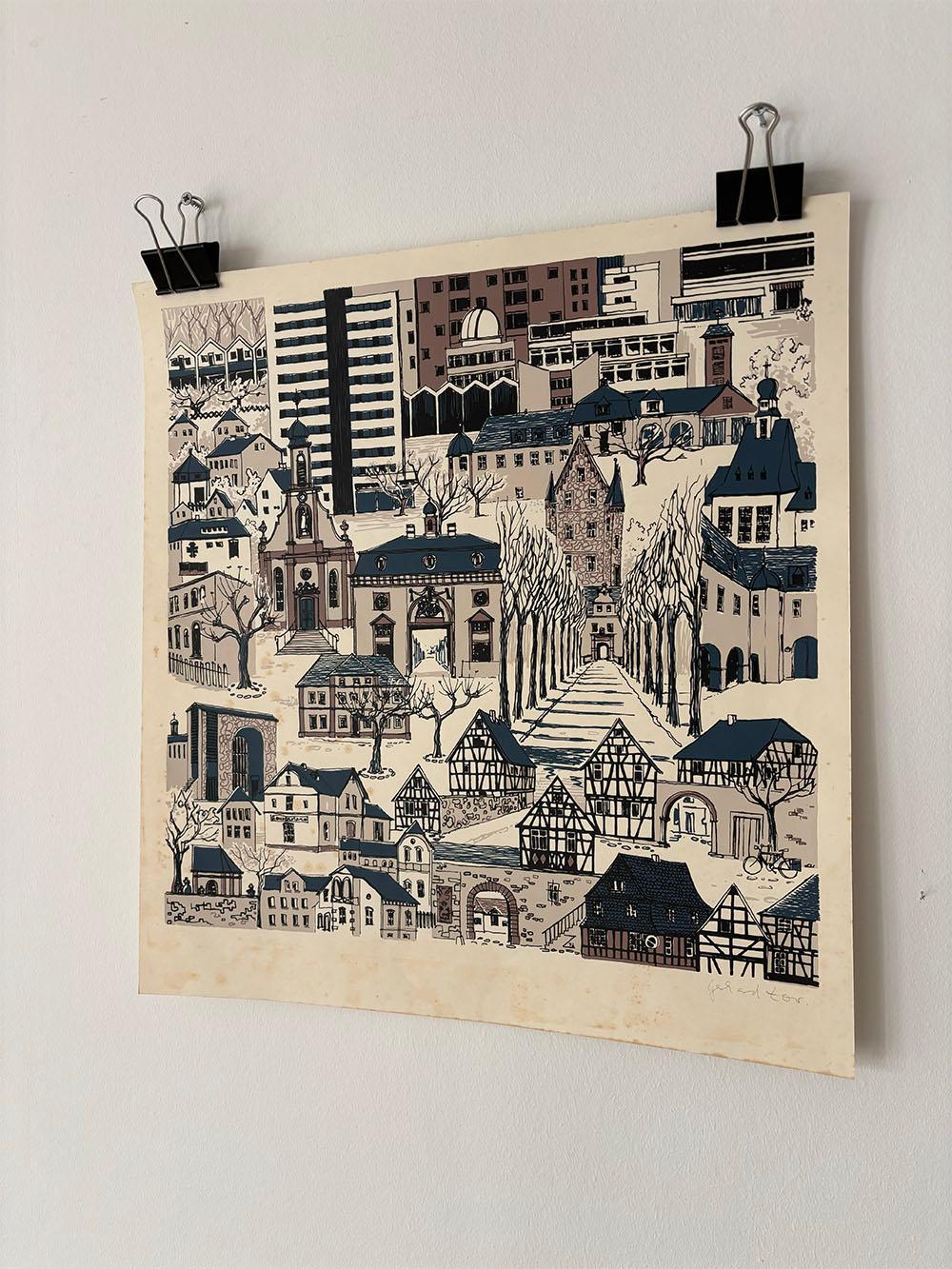 Mid-Century moderno stampa su legno di Gerhard Tor del periodo di metà secolo Nr. 2, blu, beige e nero, di un paesaggio urbano in vendita