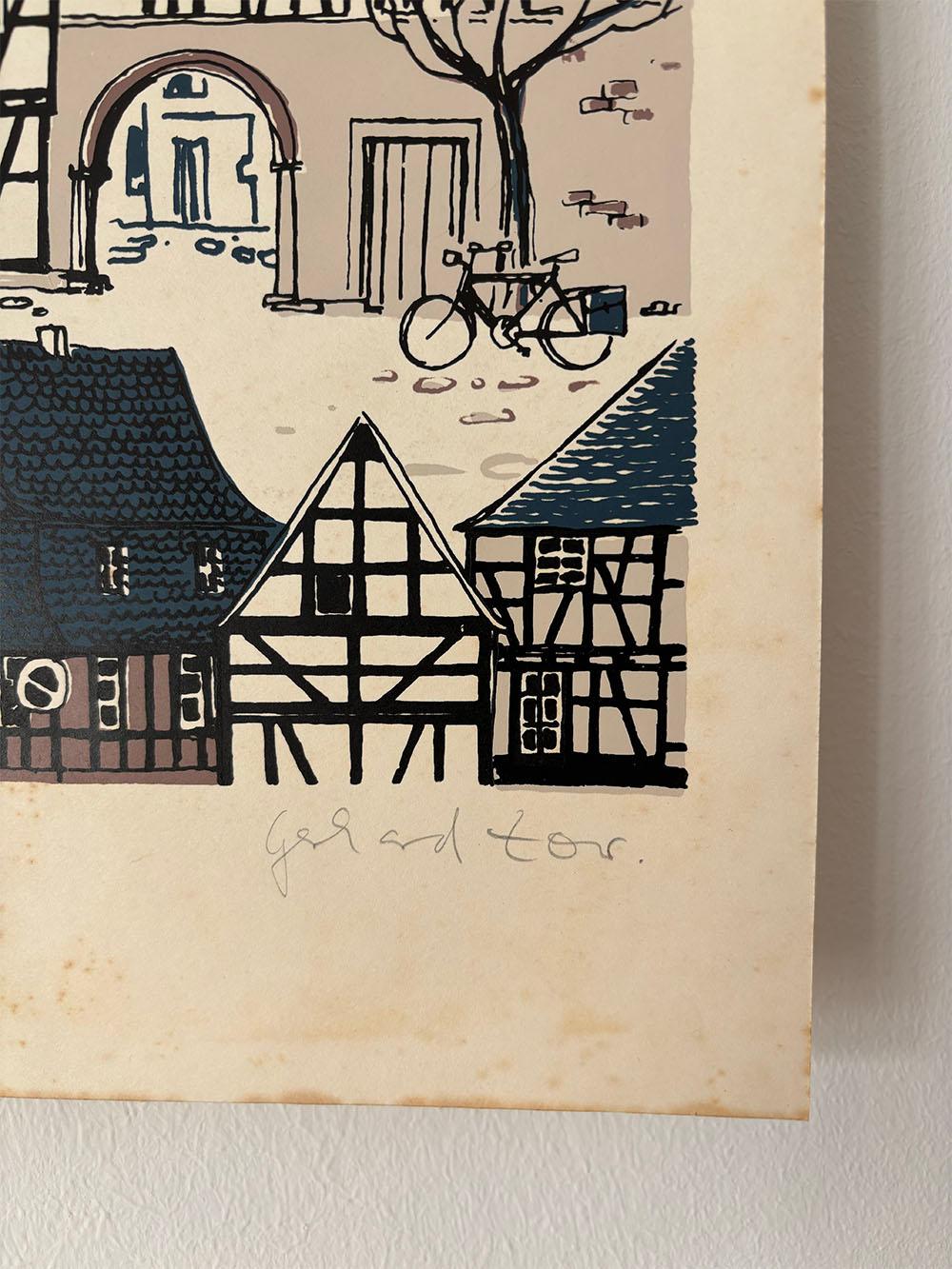 Tedesco stampa su legno di Gerhard Tor del periodo di metà secolo Nr. 2, blu, beige e nero, di un paesaggio urbano in vendita