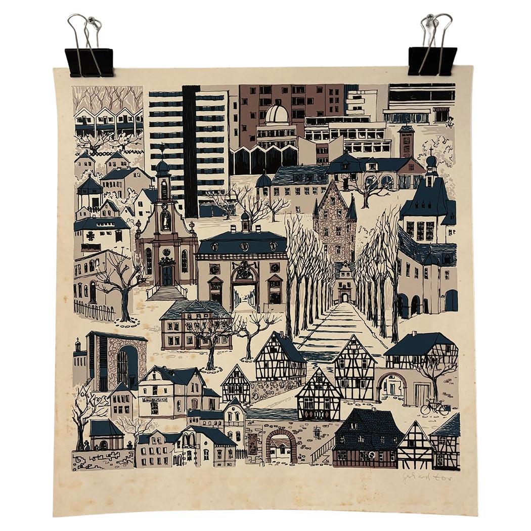 stampa su legno di Gerhard Tor del periodo di metà secolo Nr. 2, blu, beige e nero, di un paesaggio urbano in vendita