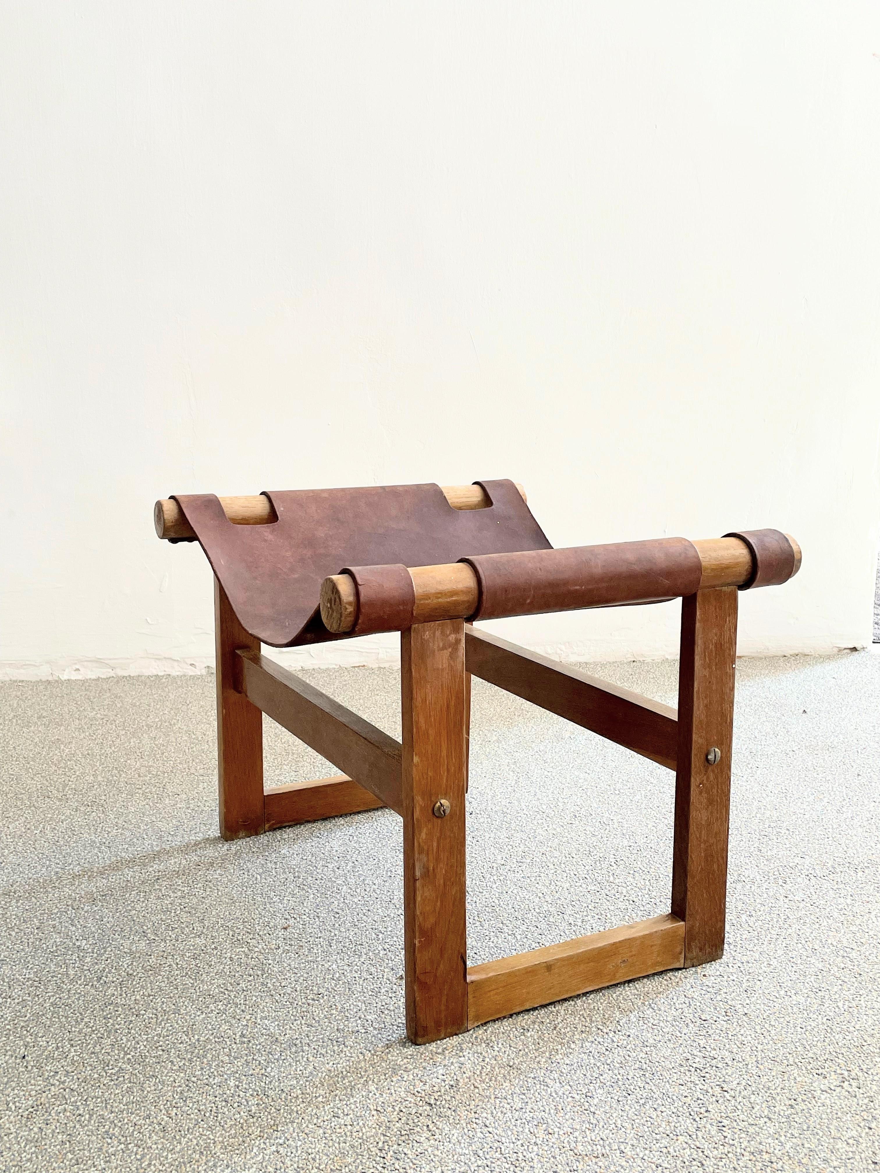 Mid-Century Modern Midcentury Saddle Leather Safari Stool Hungary, circa 1970