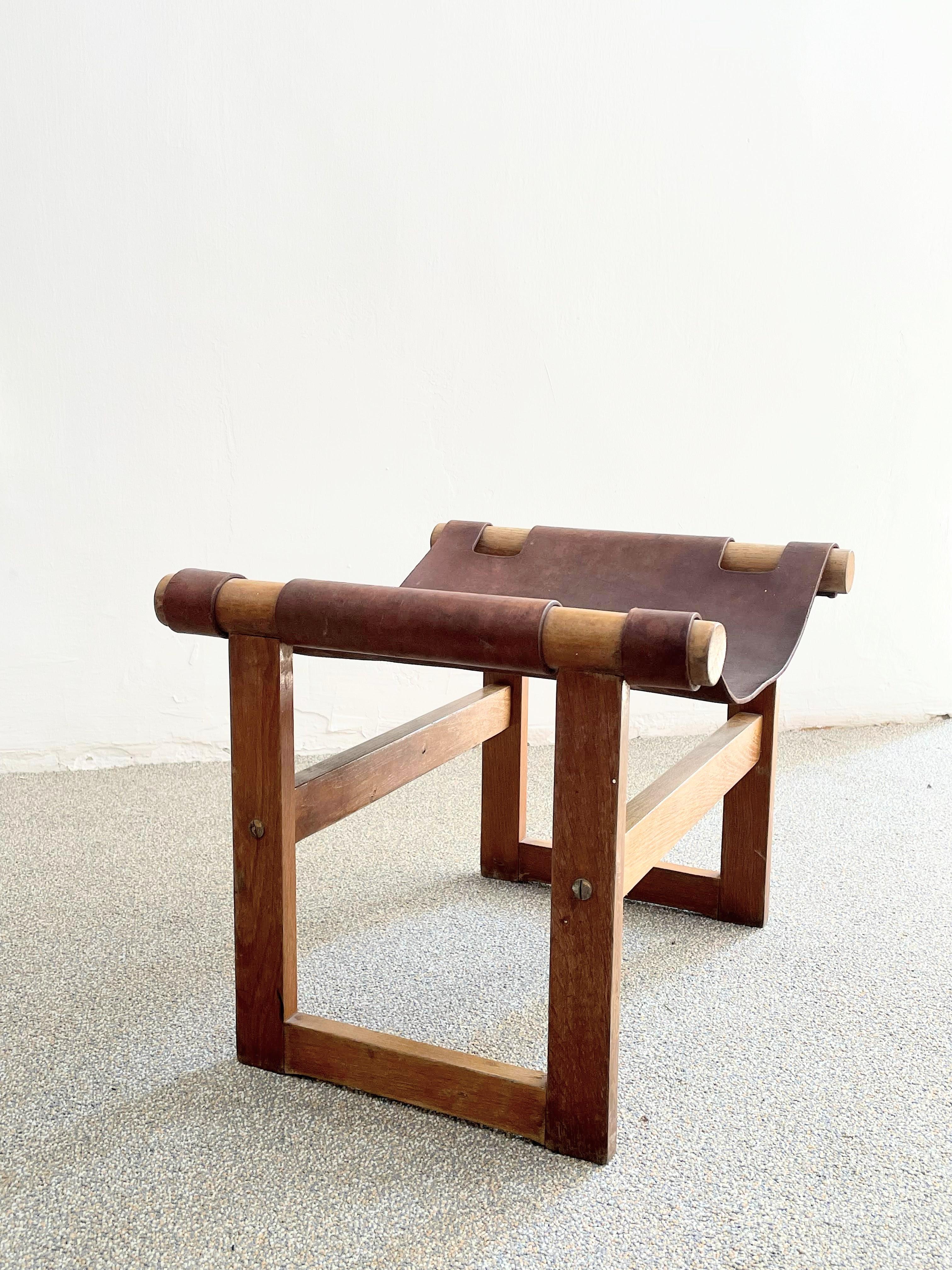 Hungarian Midcentury Saddle Leather Safari Stool Hungary, circa 1970