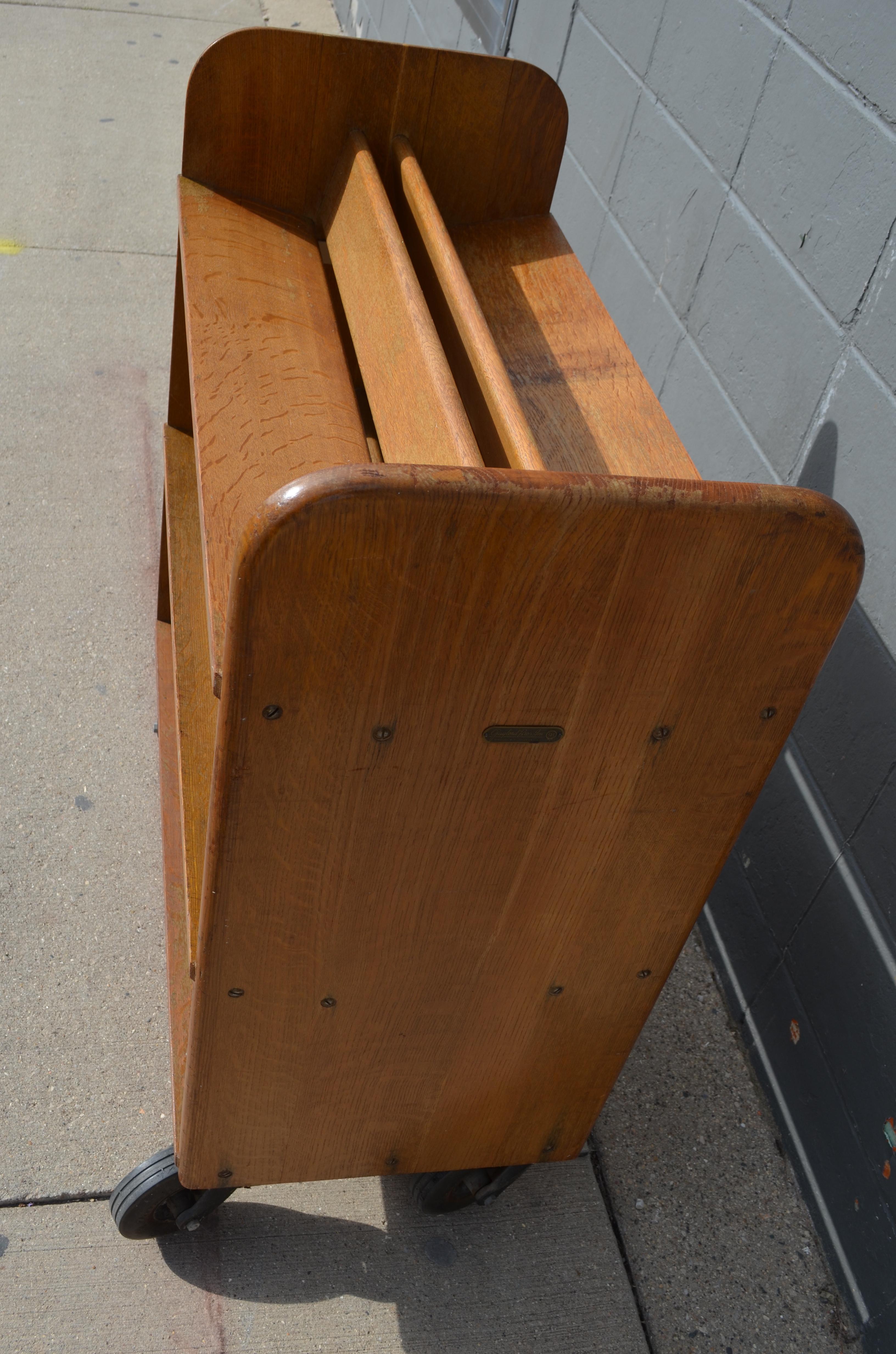 Midcentury Oak Book Cart with slanted Shelves on Wheels from Public Library 1