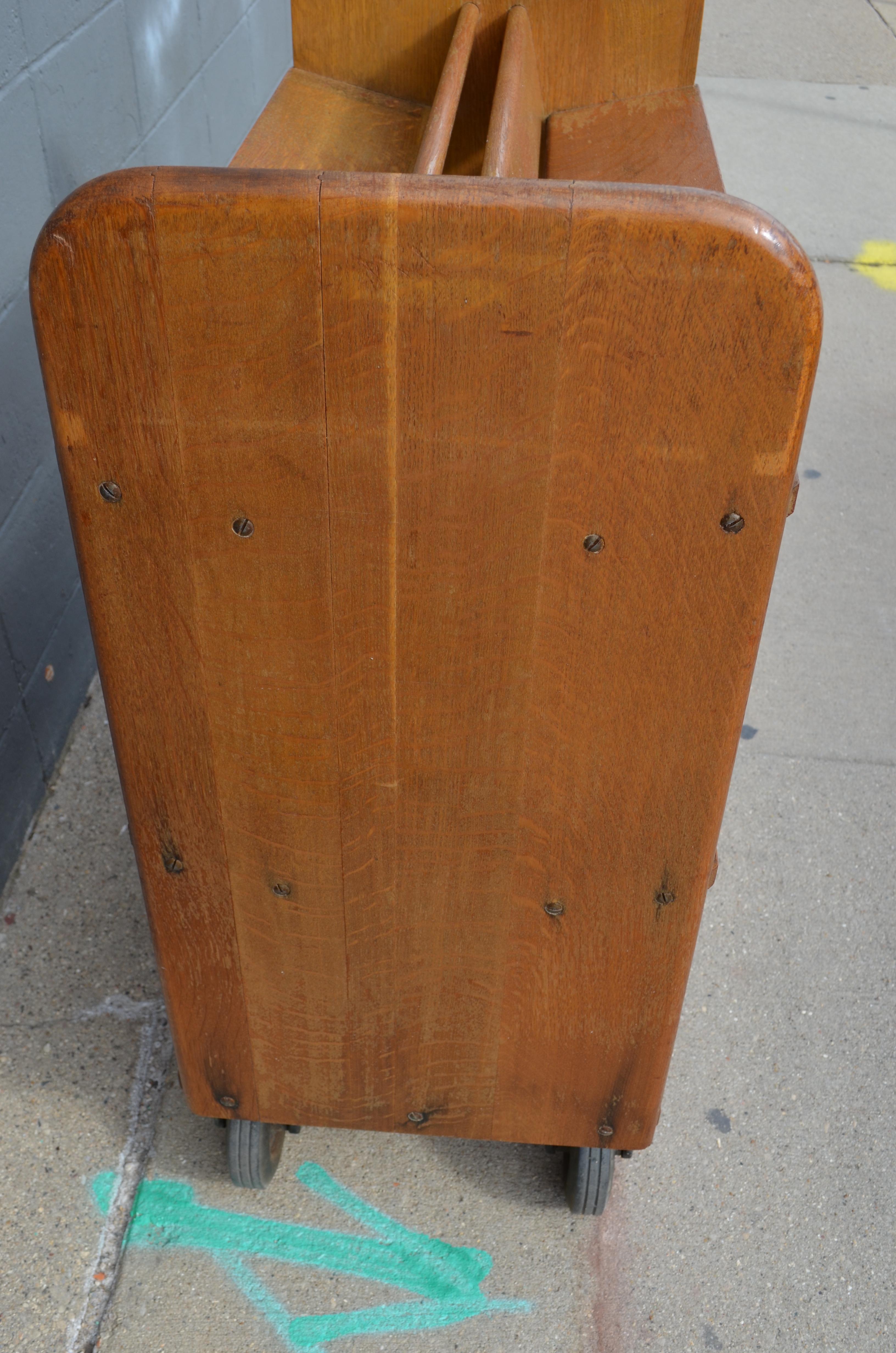 Midcentury Oak Book Cart with slanted Shelves on Wheels from Public Library 4