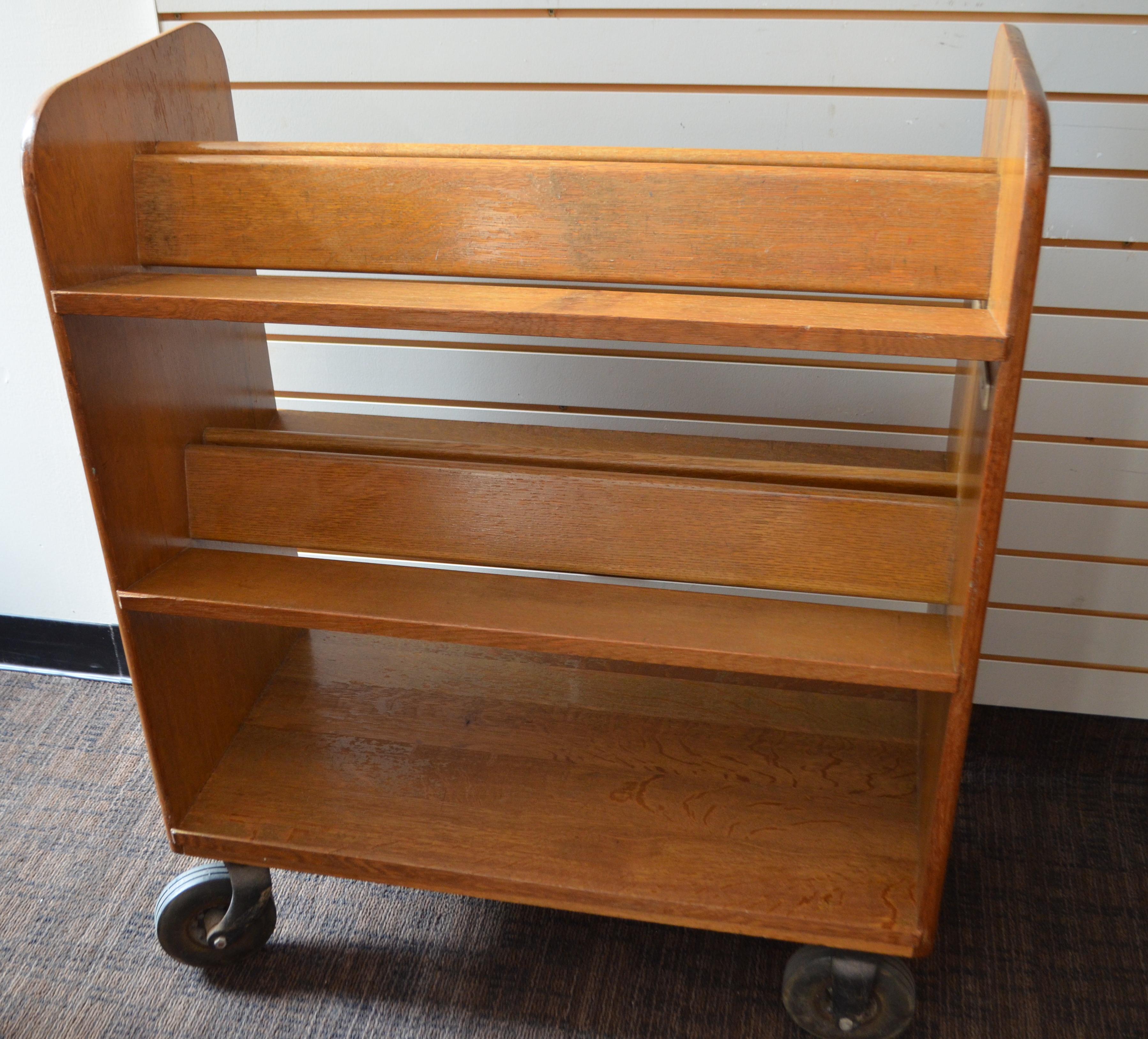 Midcentury Oak Book Cart with slanted Shelves on Wheels from Public Library 5