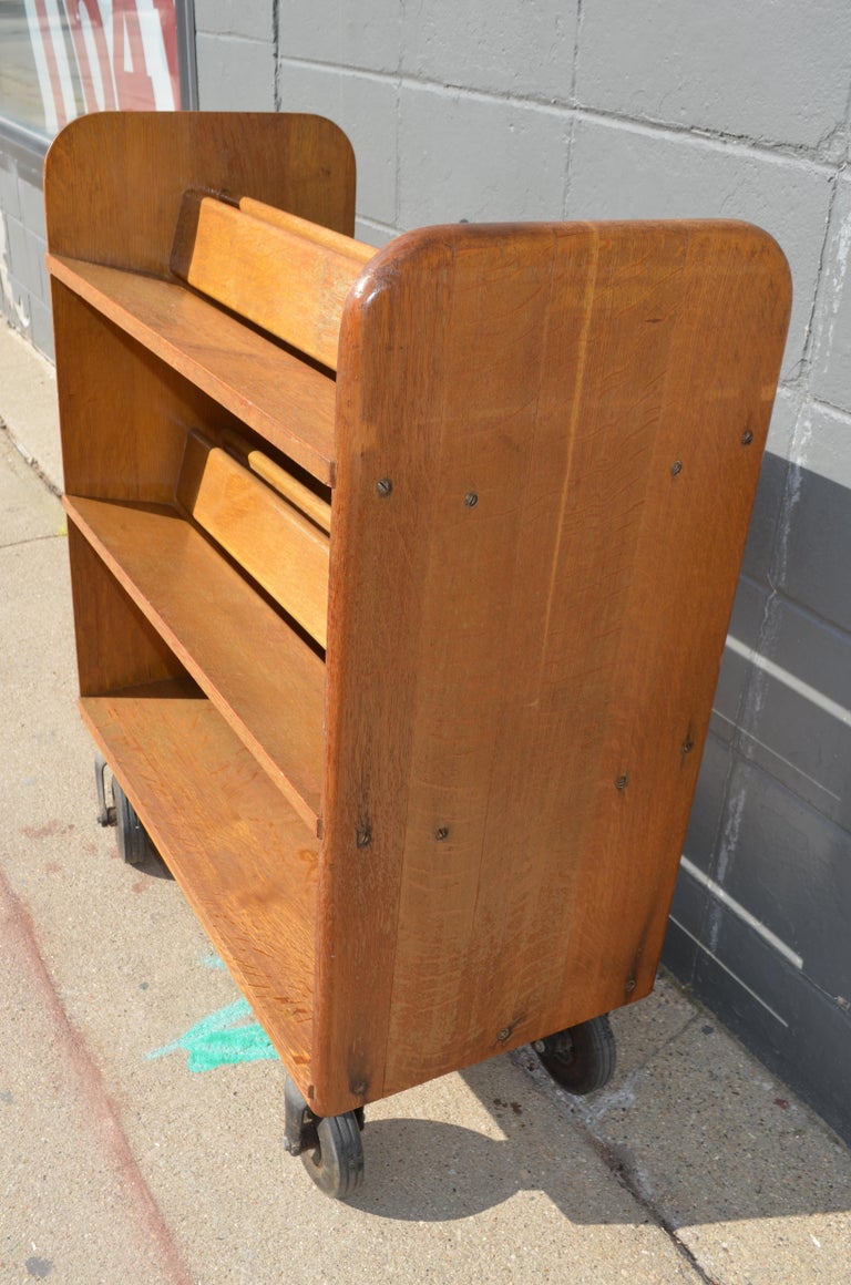 Midcentury Oak Book Cart with slanted Shelves on Wheels from Public
