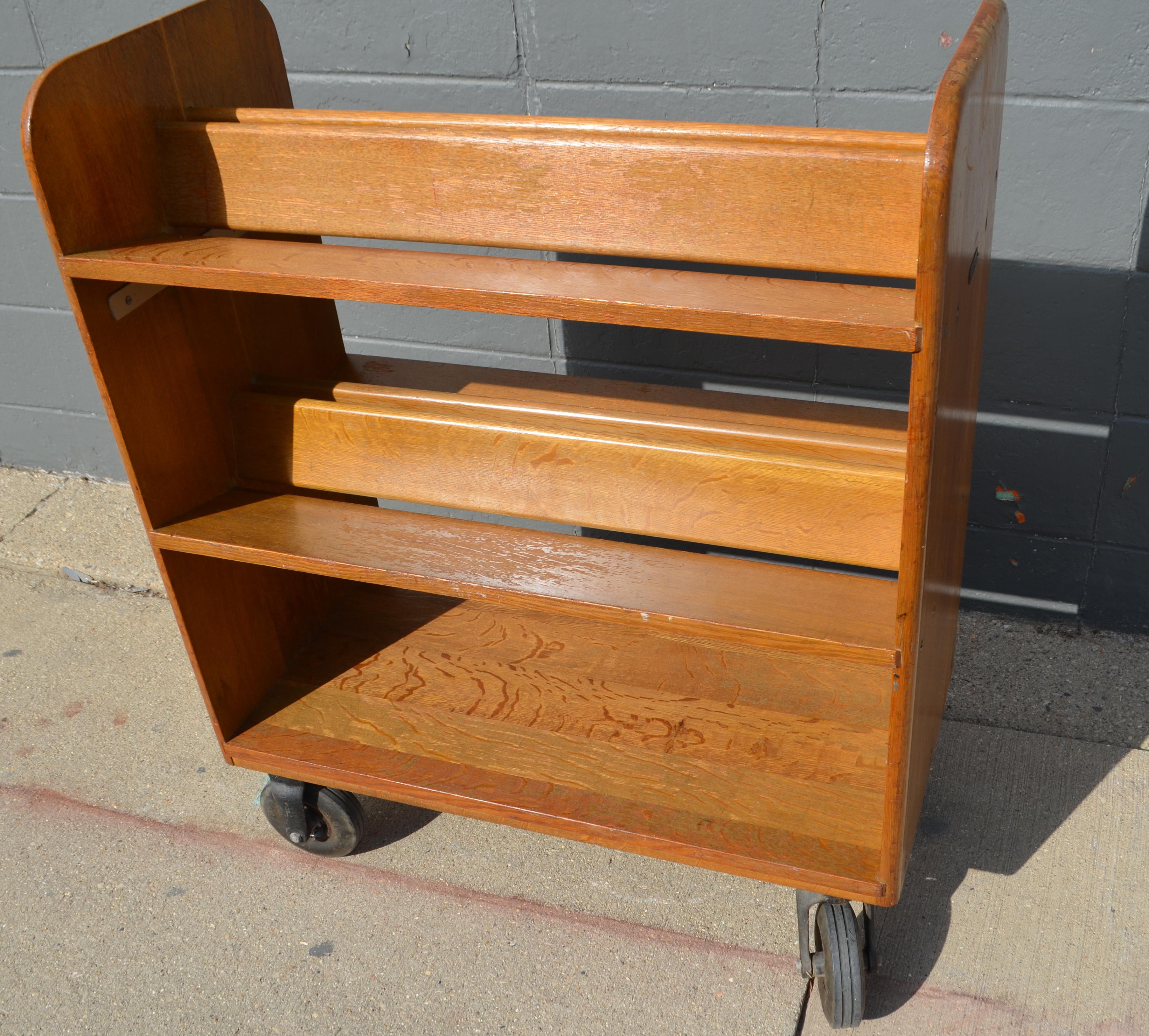 American Midcentury Oak Book Cart with slanted Shelves on Wheels from Public Library