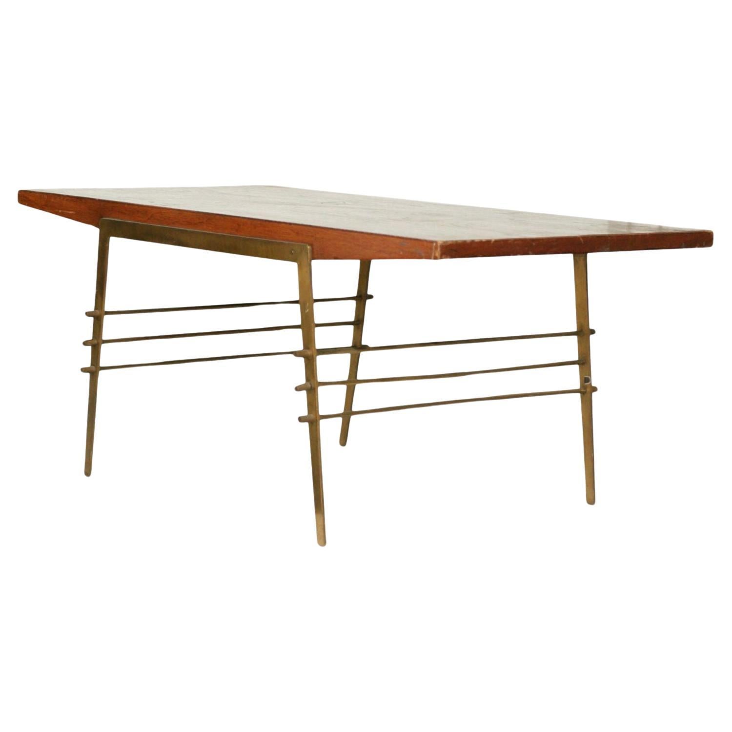 Midcentury Oak Coffee Table with Brass Architectural Base