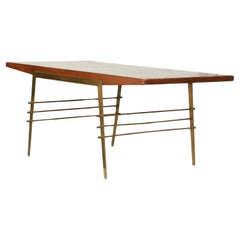 Midcentury Oak Coffee Table with Brass Architectural Base