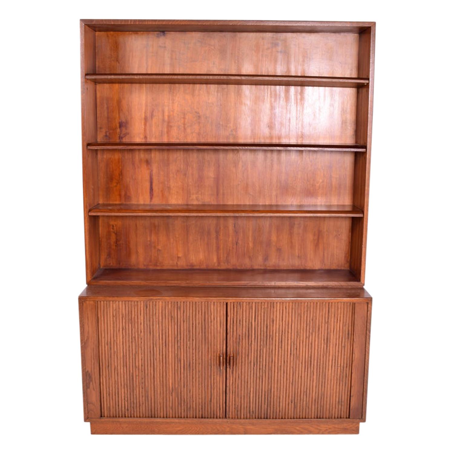 Midcentury Oak Danish Bookcase with Sliding Doors For Sale