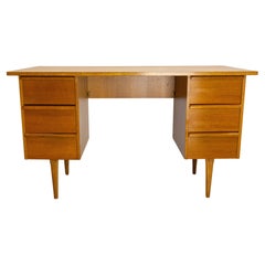 Midcentury Oak Desk Writing Table with Six Drawers, France circa 1950