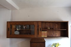 Midcentury Oak French Utility School Wall Cupboard Bookcase Cabinet Sliding Door