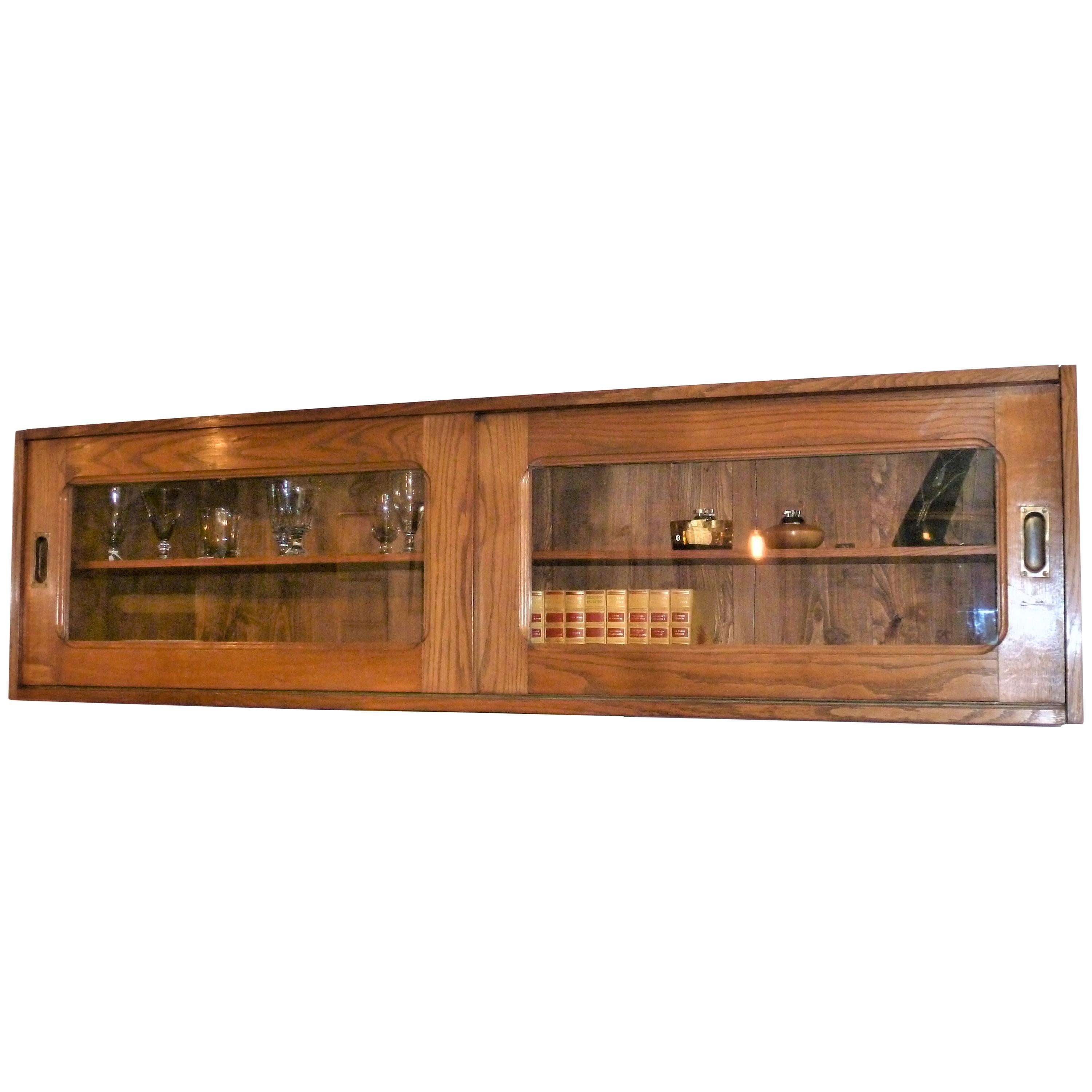 Midcentury Oak French Utility School Wall Cupboard Bookcase Cabinet Sliding Door For Sale