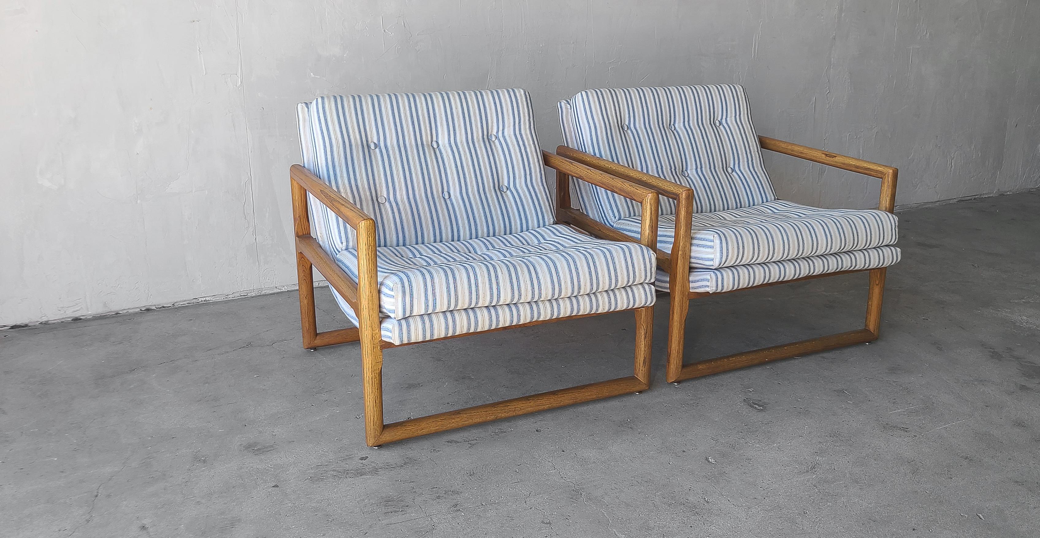 20th Century Midcentury Oak Scoop Cube Lounge Chairs in the Style of Milo Baughman