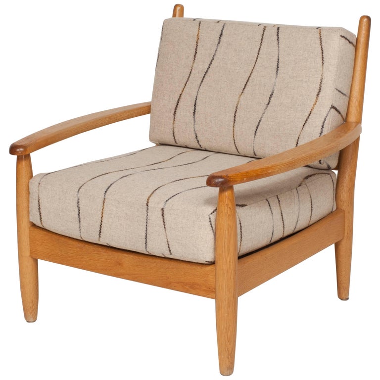 Midcentury Oak Spindle Chair Newly Upholstered in in Grey Wool Fabric