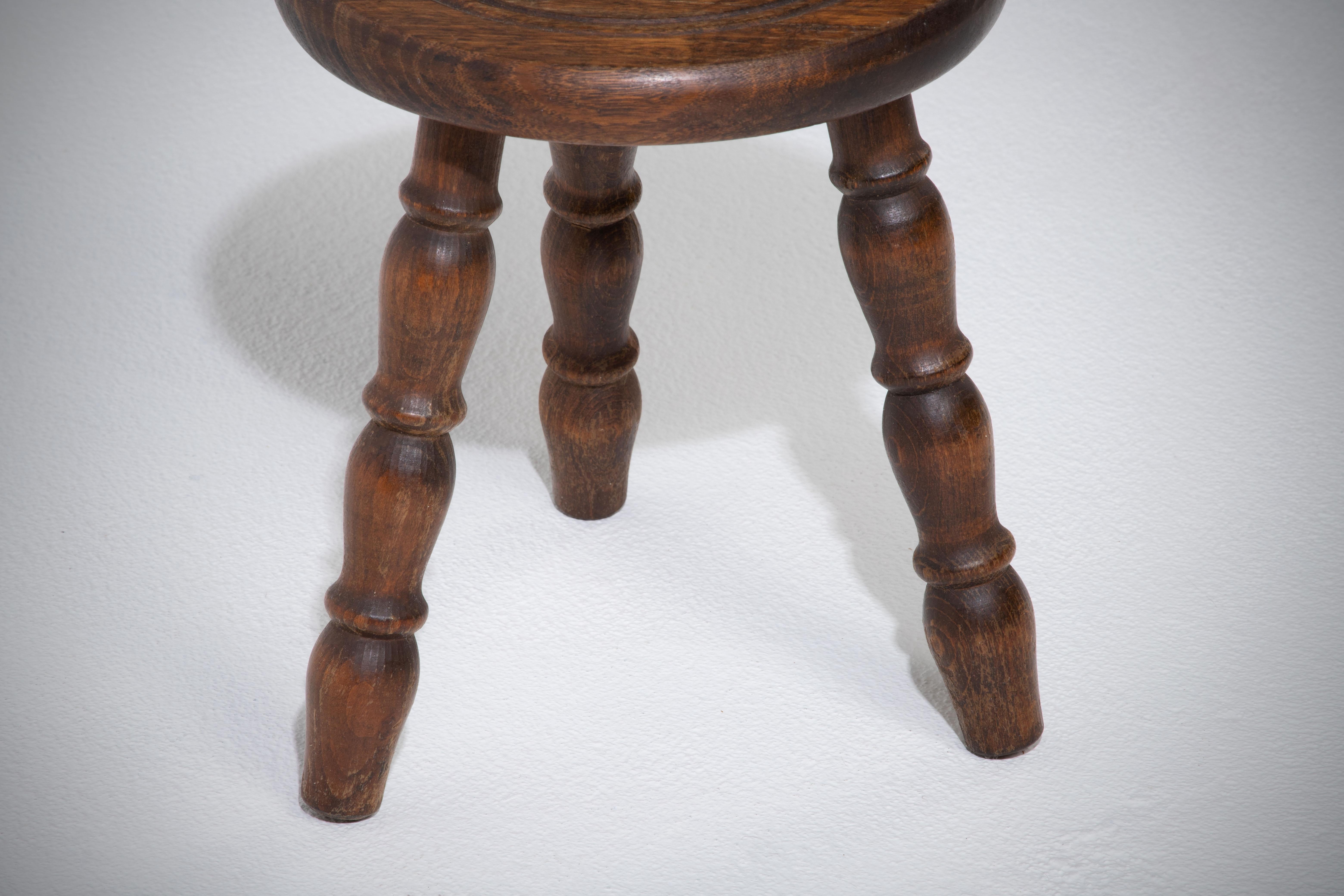 Mid-Century Modern Midcentury Oak Stool with Turned Wood Legs, 1960s, France For Sale