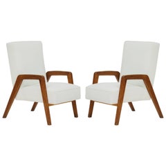 Midcentury Oak Velvet White Jeanneret Style Pair of Lounge Chairs France 1950s