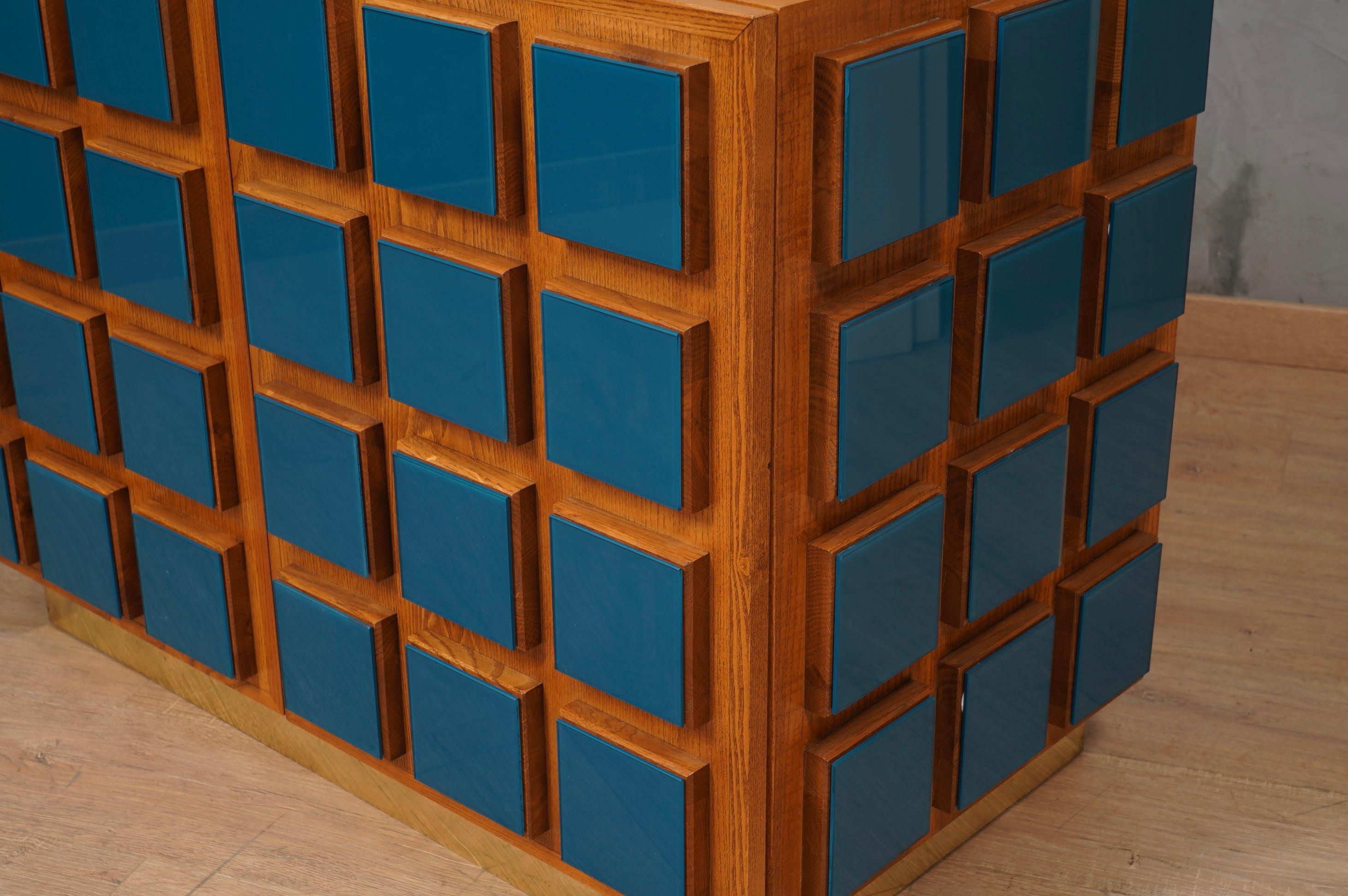 Mid-Century Modern MidCentury Oak Wood and Blue Glass Sideboard, 1990 For Sale