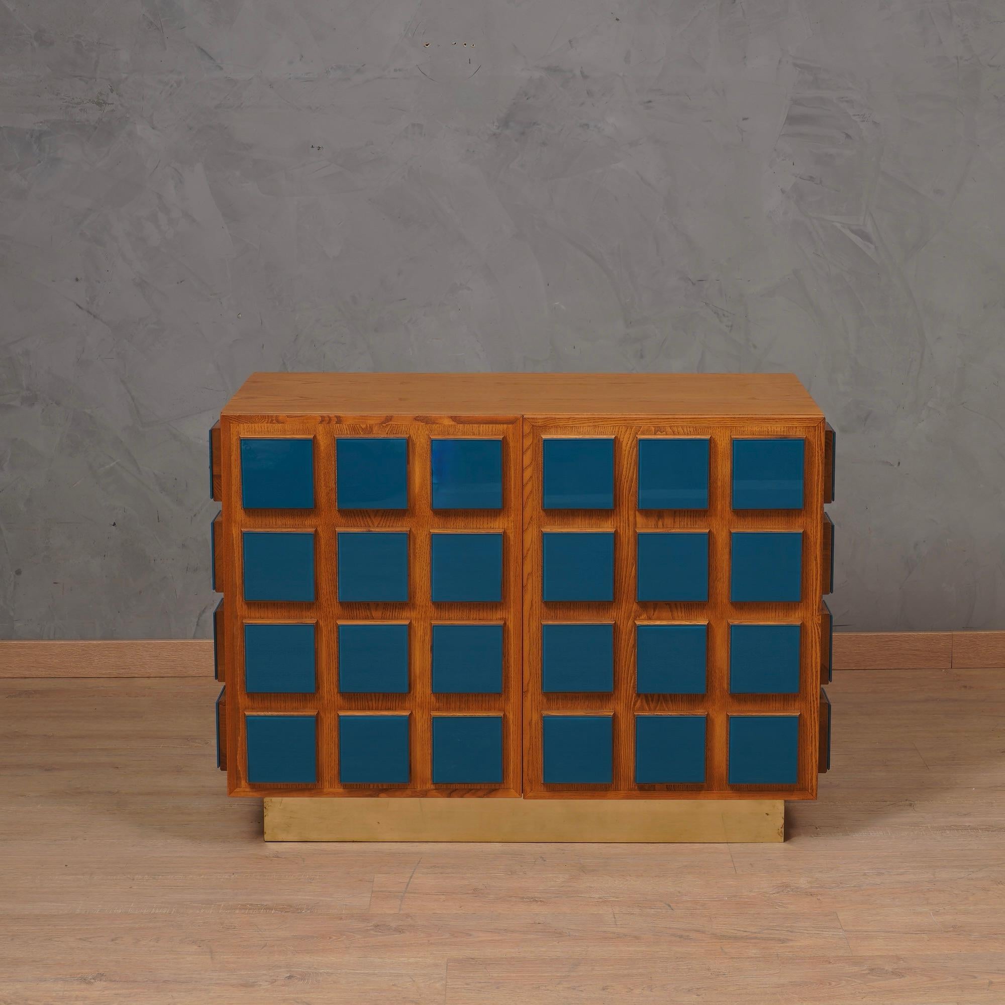 Late 20th Century MidCentury Oak Wood and Blue Glass Sideboard, 1990 For Sale