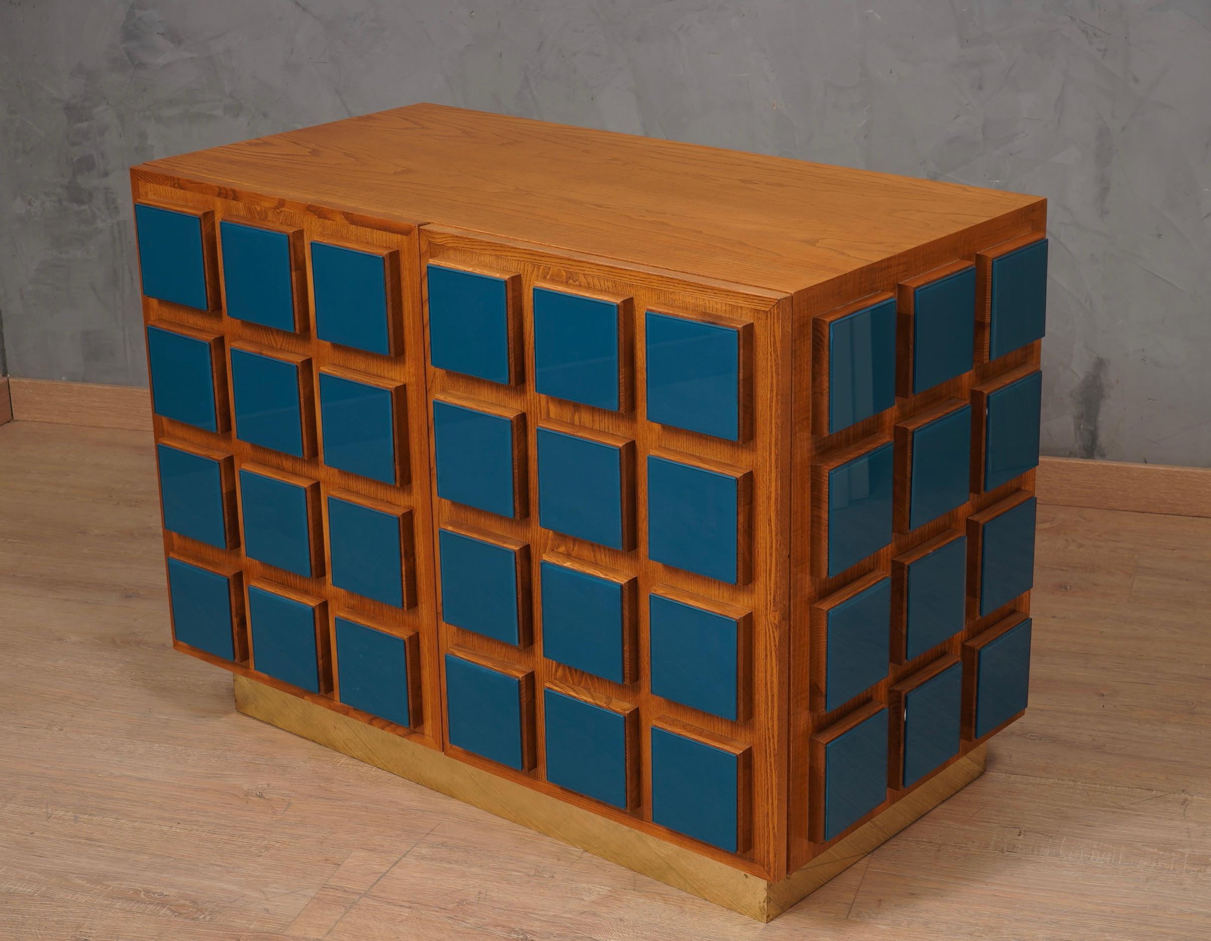 MidCentury Oak Wood and Blue Glass Sideboard, 1990 For Sale 1