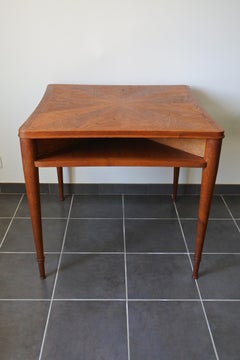 Midcentury Oak Wood Table, Sunburst Marquetry, France, 1950s
