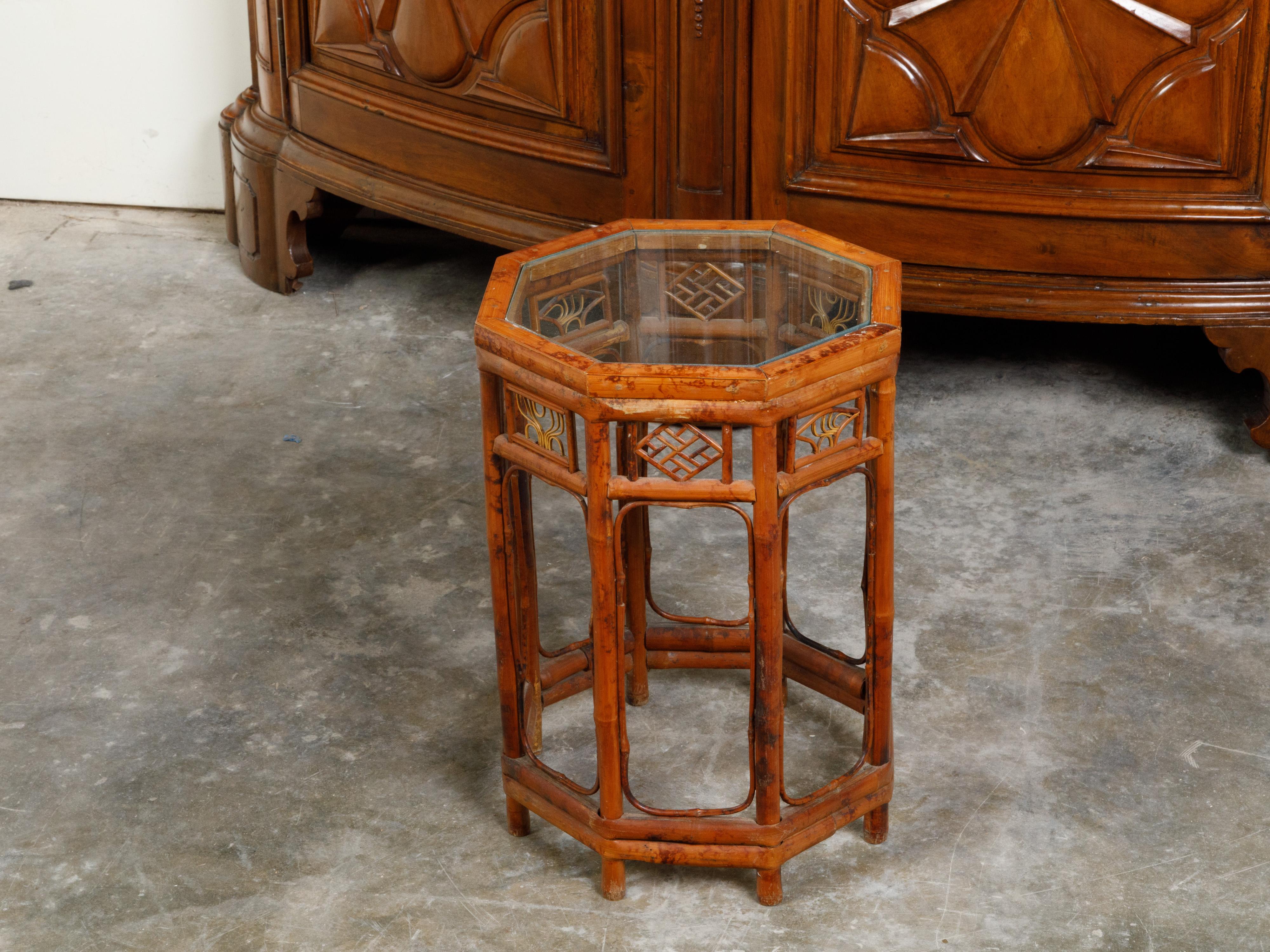 Midcentury Octagonal Bamboo Side Table with Glass Top and Geometric Motifs For Sale 1