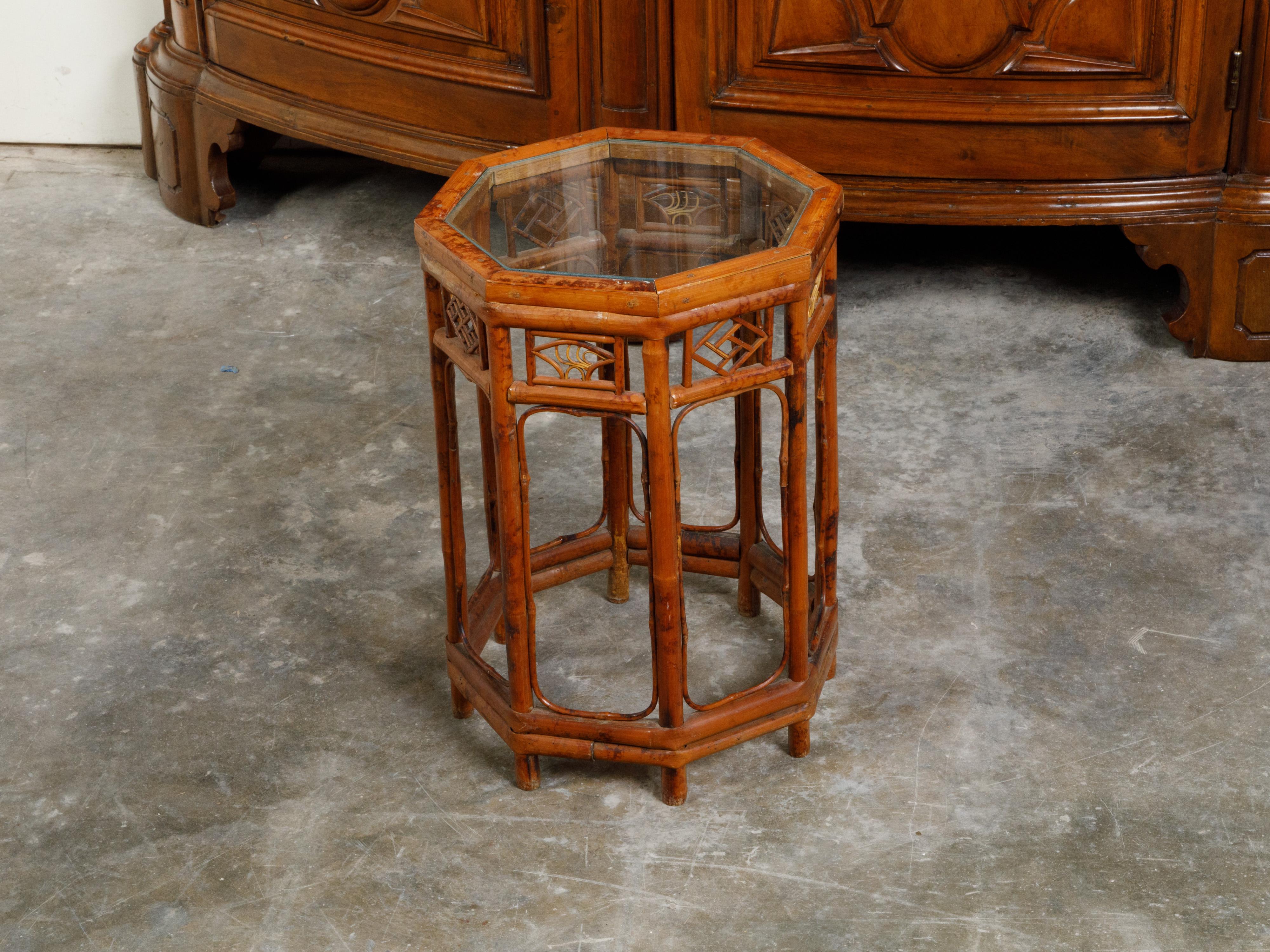 Midcentury Octagonal Bamboo Side Table with Glass Top and Geometric Motifs For Sale 2