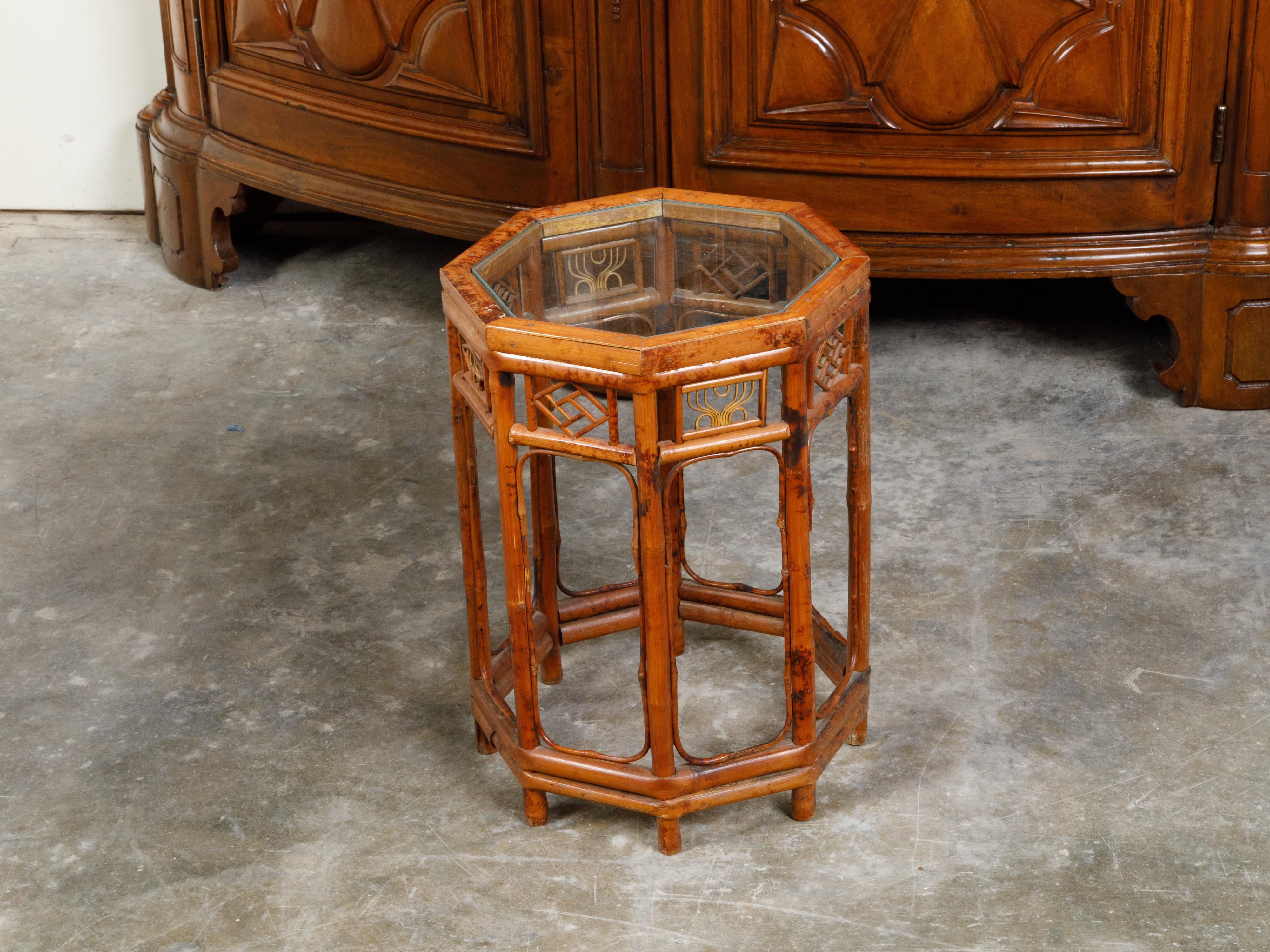 Midcentury Octagonal Bamboo Side Table with Glass Top and Geometric Motifs For Sale 4