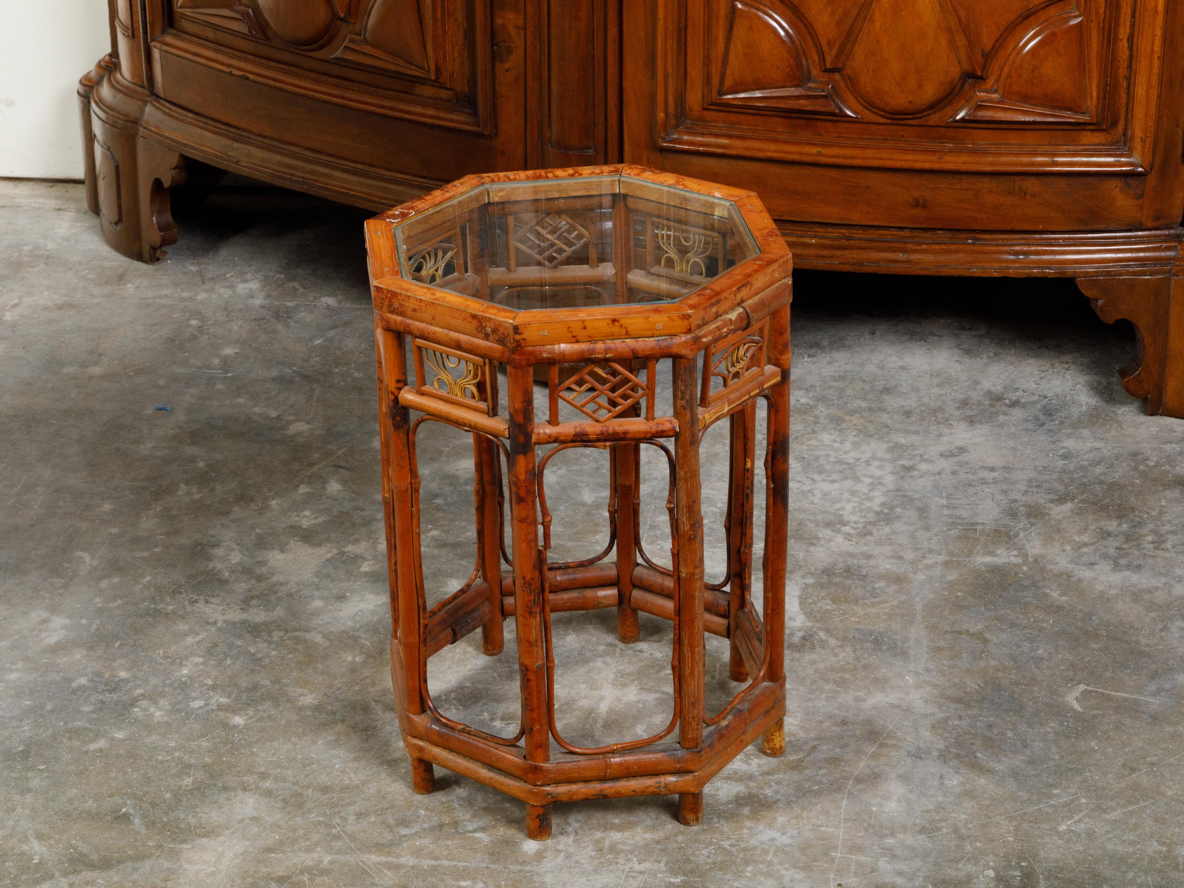 Midcentury Octagonal Bamboo Side Table with Glass Top and Geometric Motifs For Sale 5