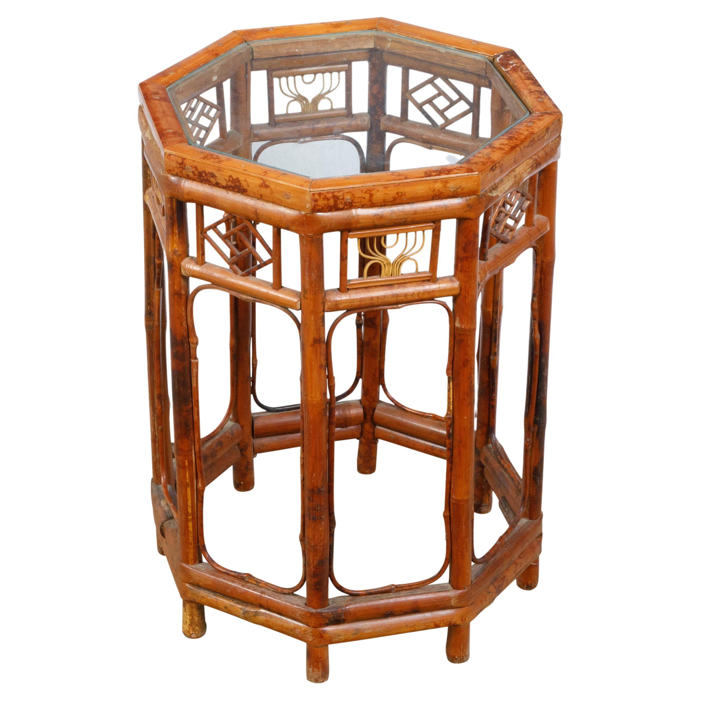 Midcentury Octagonal Bamboo Side Table with Glass Top and Geometric Motifs For Sale