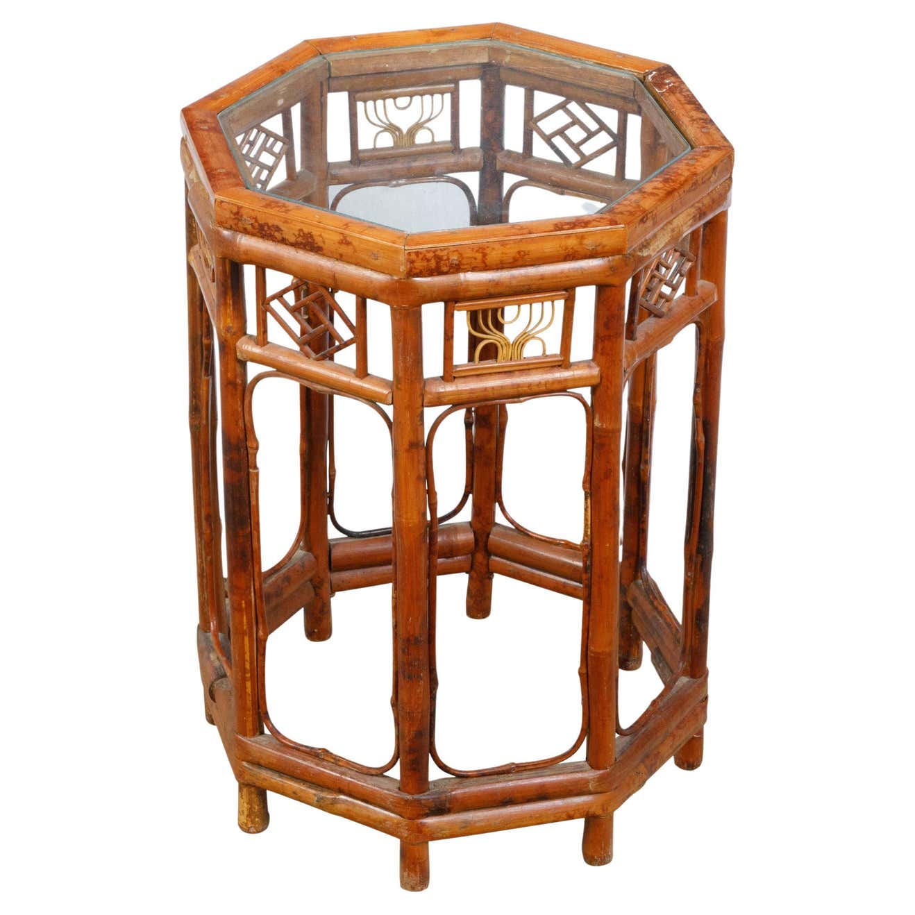 Geometric Table Octagonal Midcentury Octagonal Bamboo Side Table with Glass Top and Geometric ...